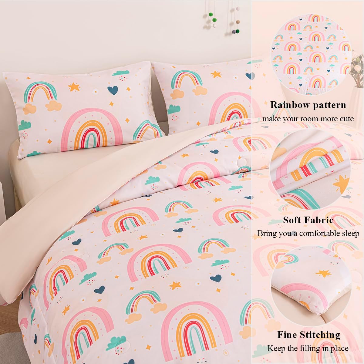 Girls Rainbow Comforter Set 3 Piece Twin