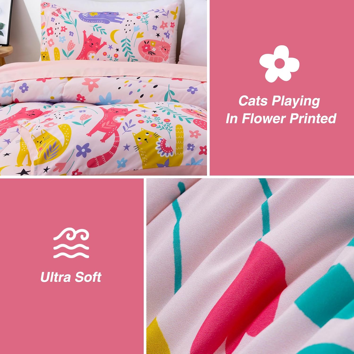 A Nice Night - Kids Boys Floral Cats Bedding Set 5Pcs