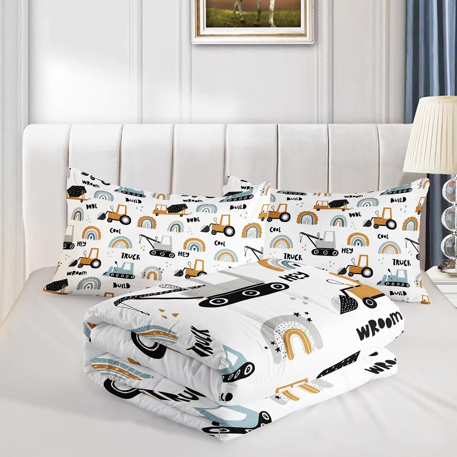 BailiPromise Cartoon Car Boys Comforter Set Queen Size 3Pcs