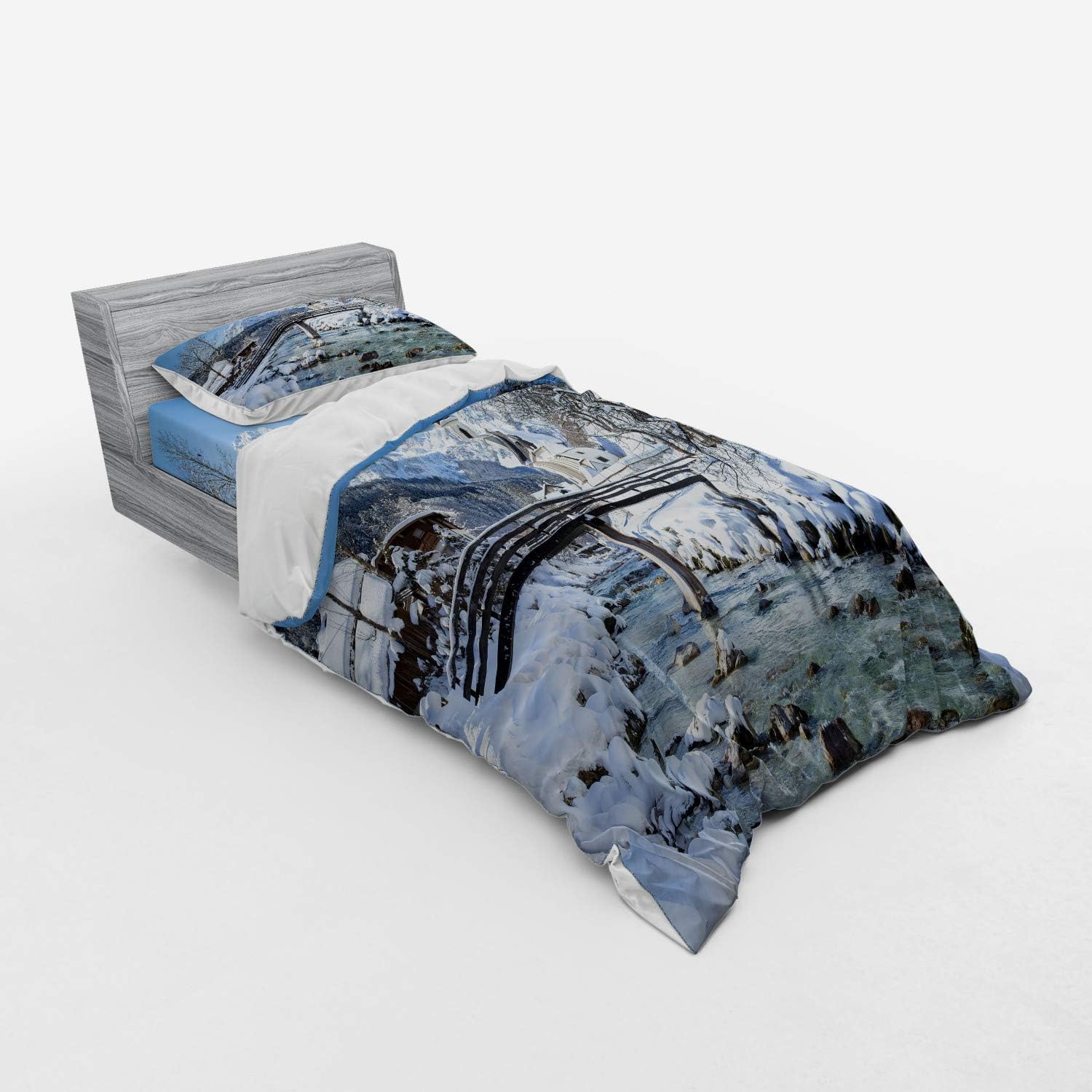 Ambesonne Winter Bedding Set Twin Size Blue Brown White