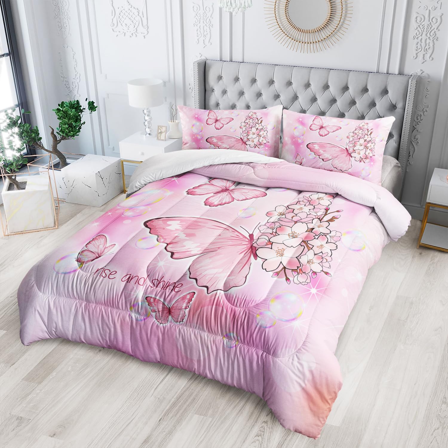 AILONEN Butterfly Comforter Set Full Size Pink Tie Dye