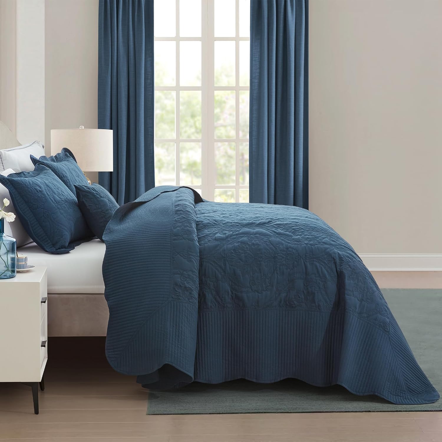 CHIXIN Oversized King Bedspread Set - Navy Damask Paisley Pattern