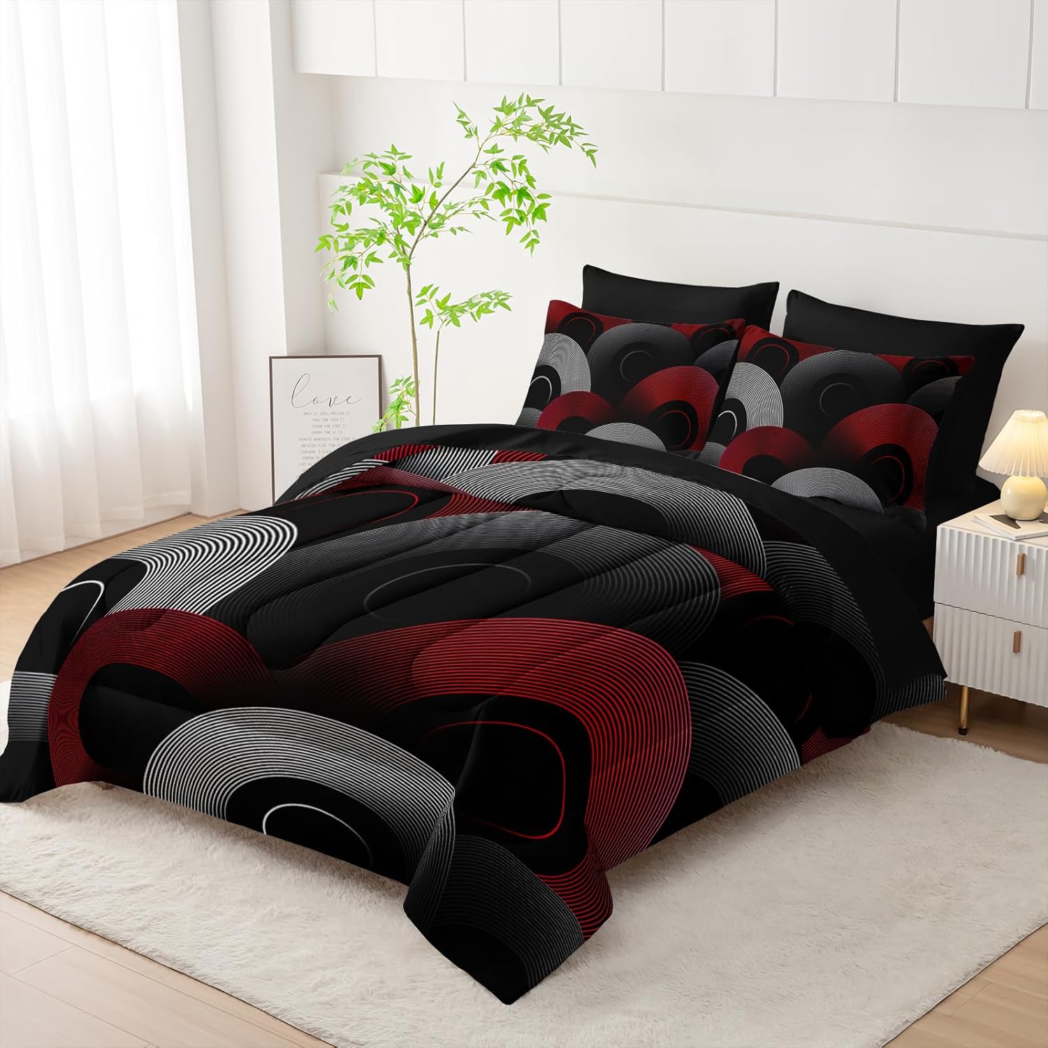 7 Piece Black and Red King Comforter Set with Geometric Pattern