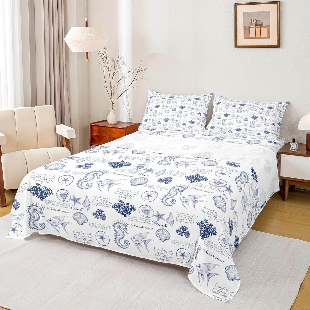 Coastal King Size Sheet Set with Seashell Print