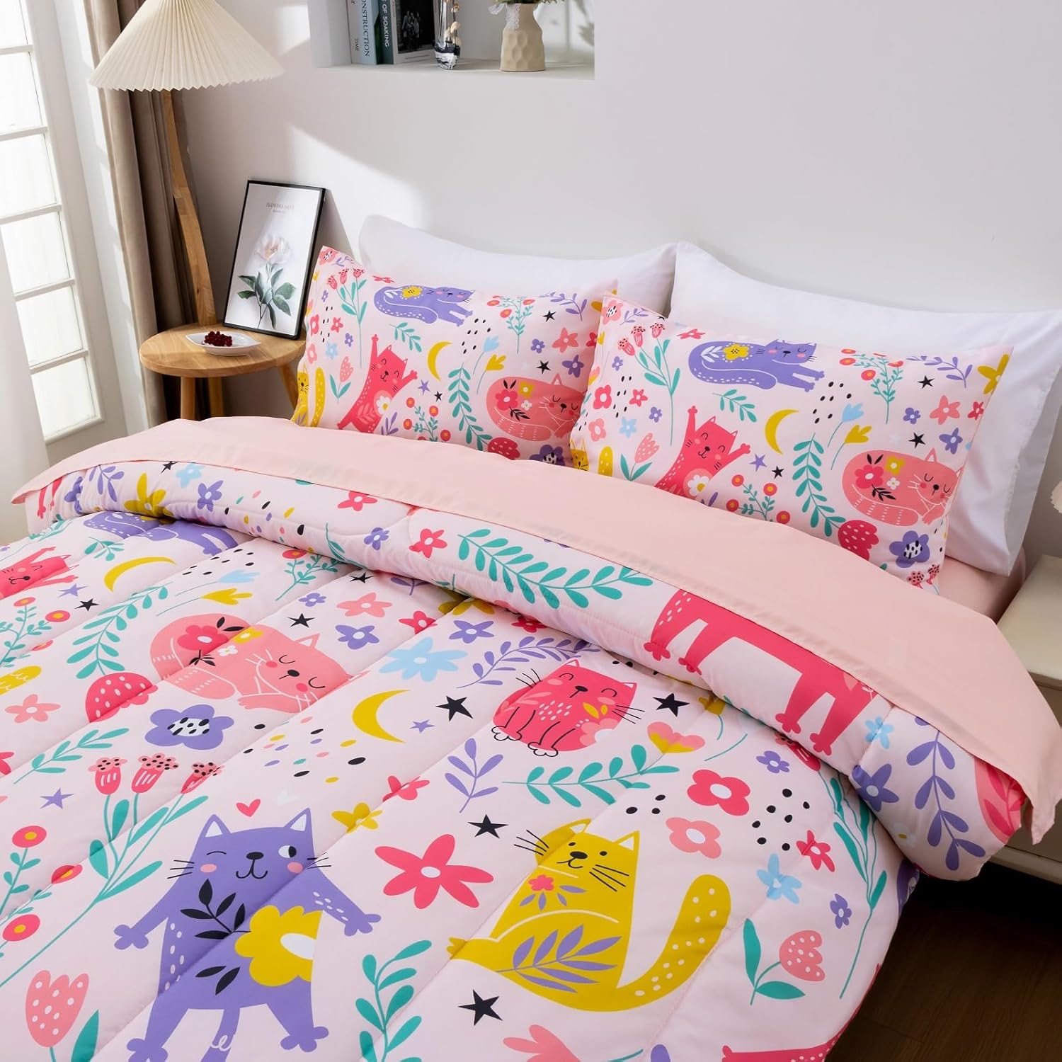 A Nice Night - Kids Boys Floral Cats Bedding Set 5Pcs