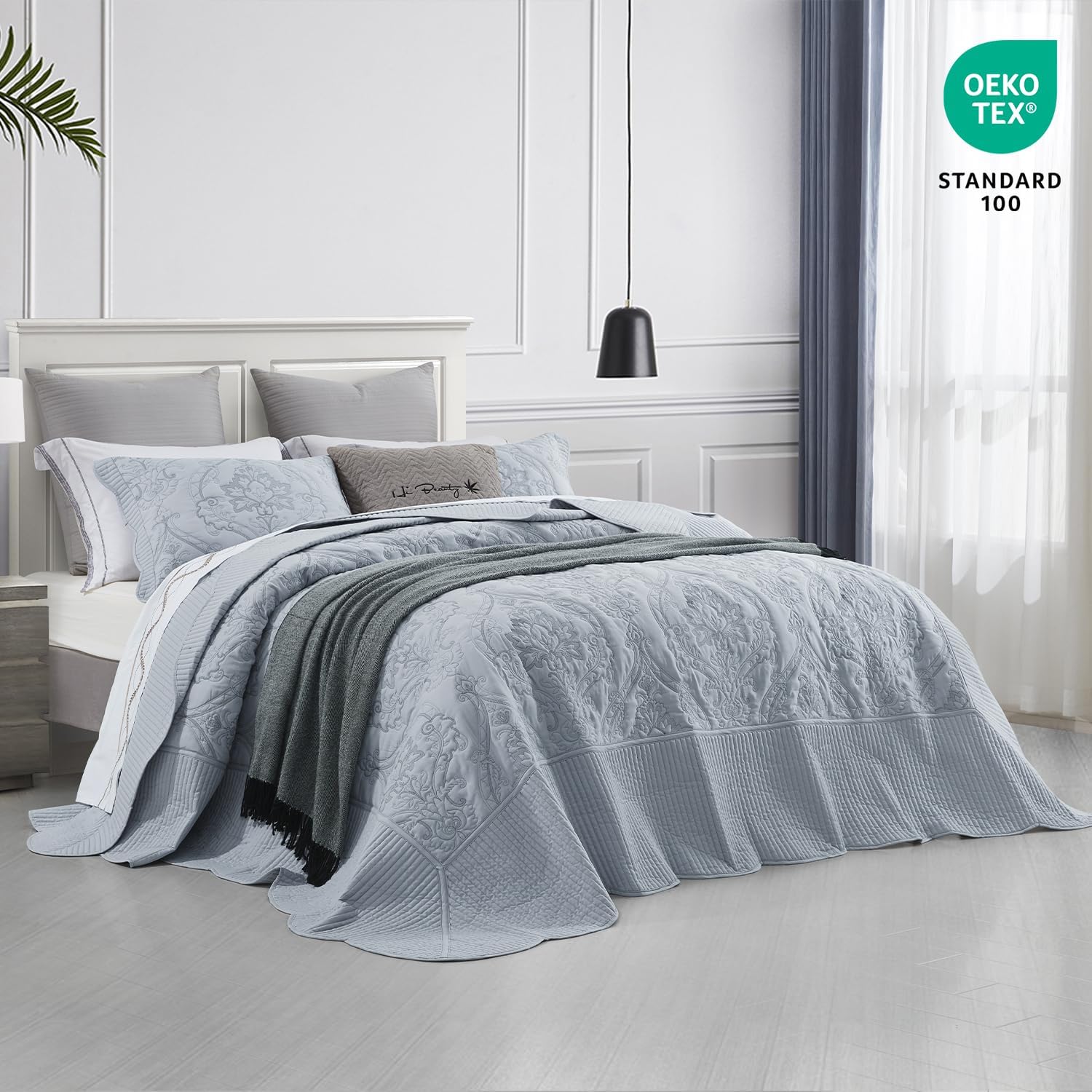 CHIXIN Oversized Bedspread Set - King Size Light Grey Damask Paisley Pattern