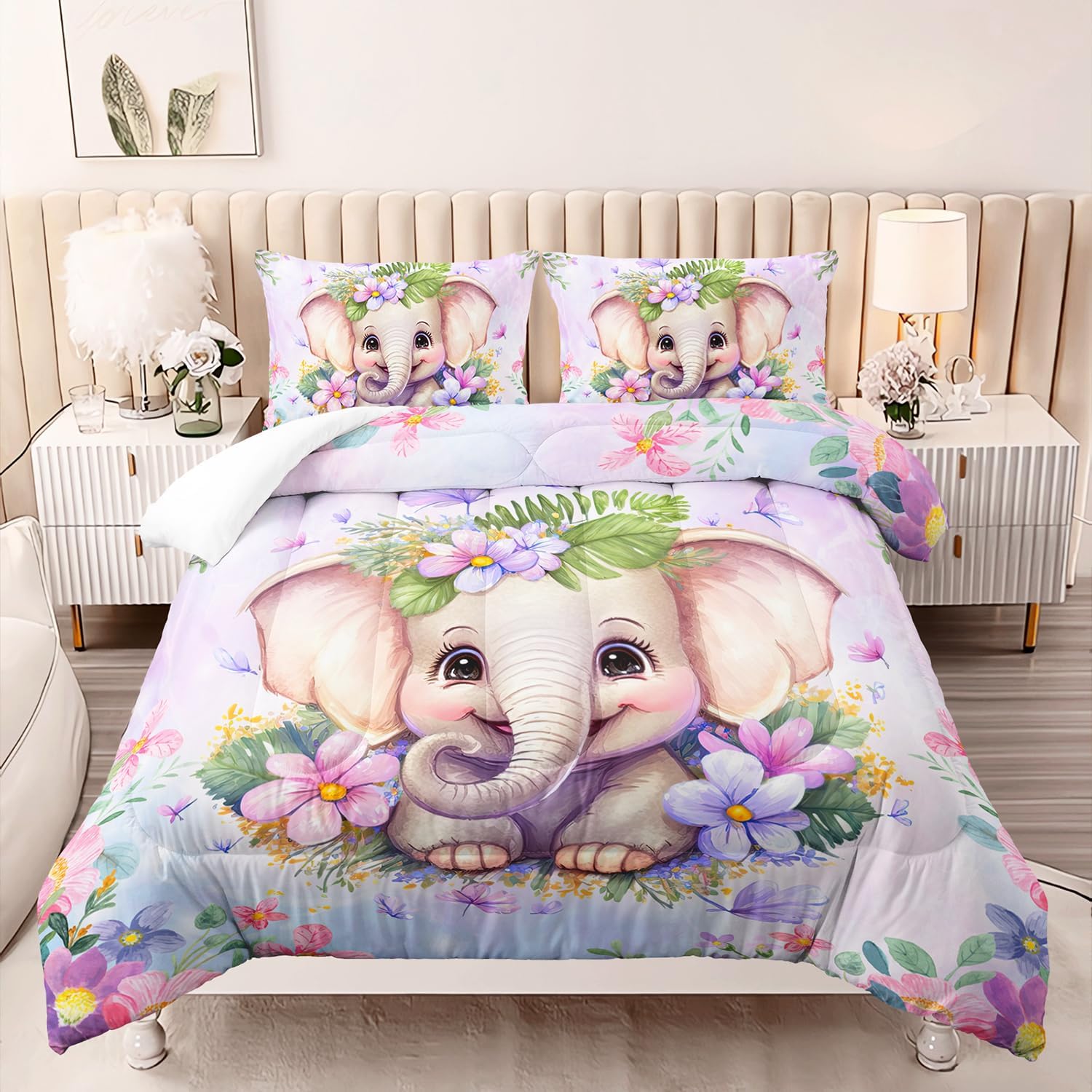 Elephant Flowers Comforter Set 3pcs for Kids
