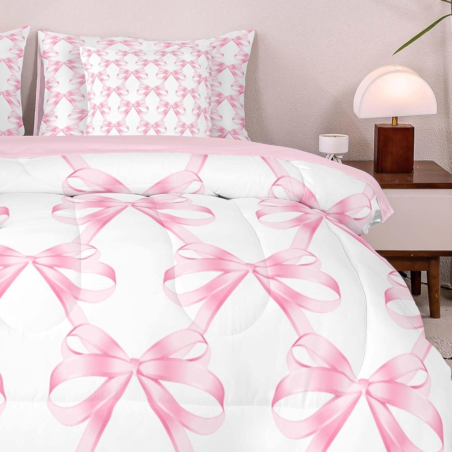 Feelyou 7-Piece Pink Bow Comforter Set for Girls