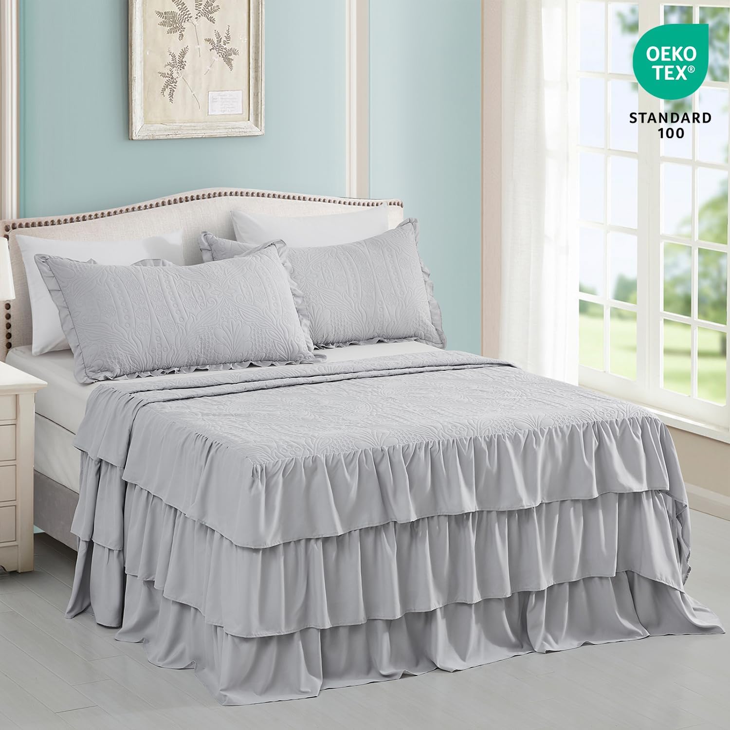 CHIXIN Ruffle Skirt Bedspread King Size - Light Grey 3 Piece Set