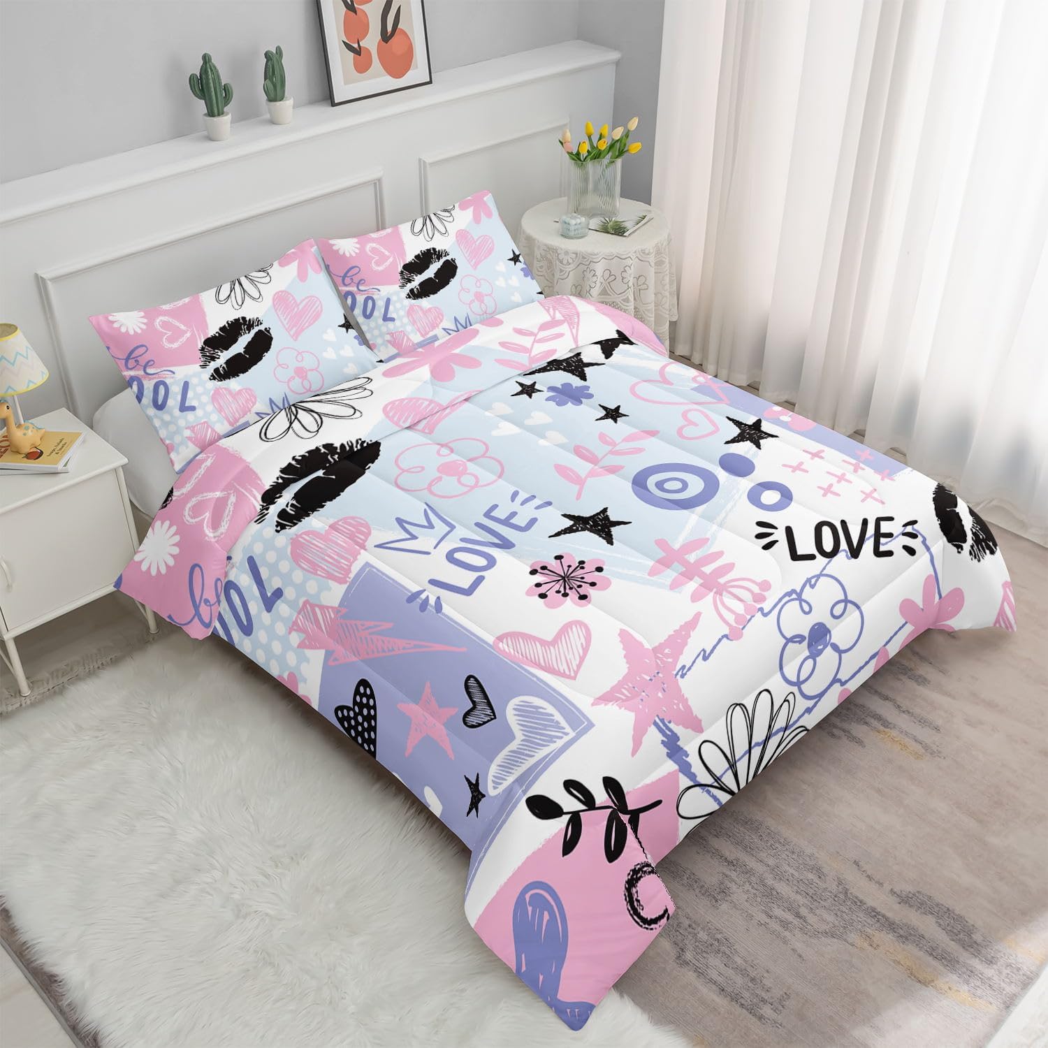 Kids Comforter Set with Cute Doodles Printed Pattern