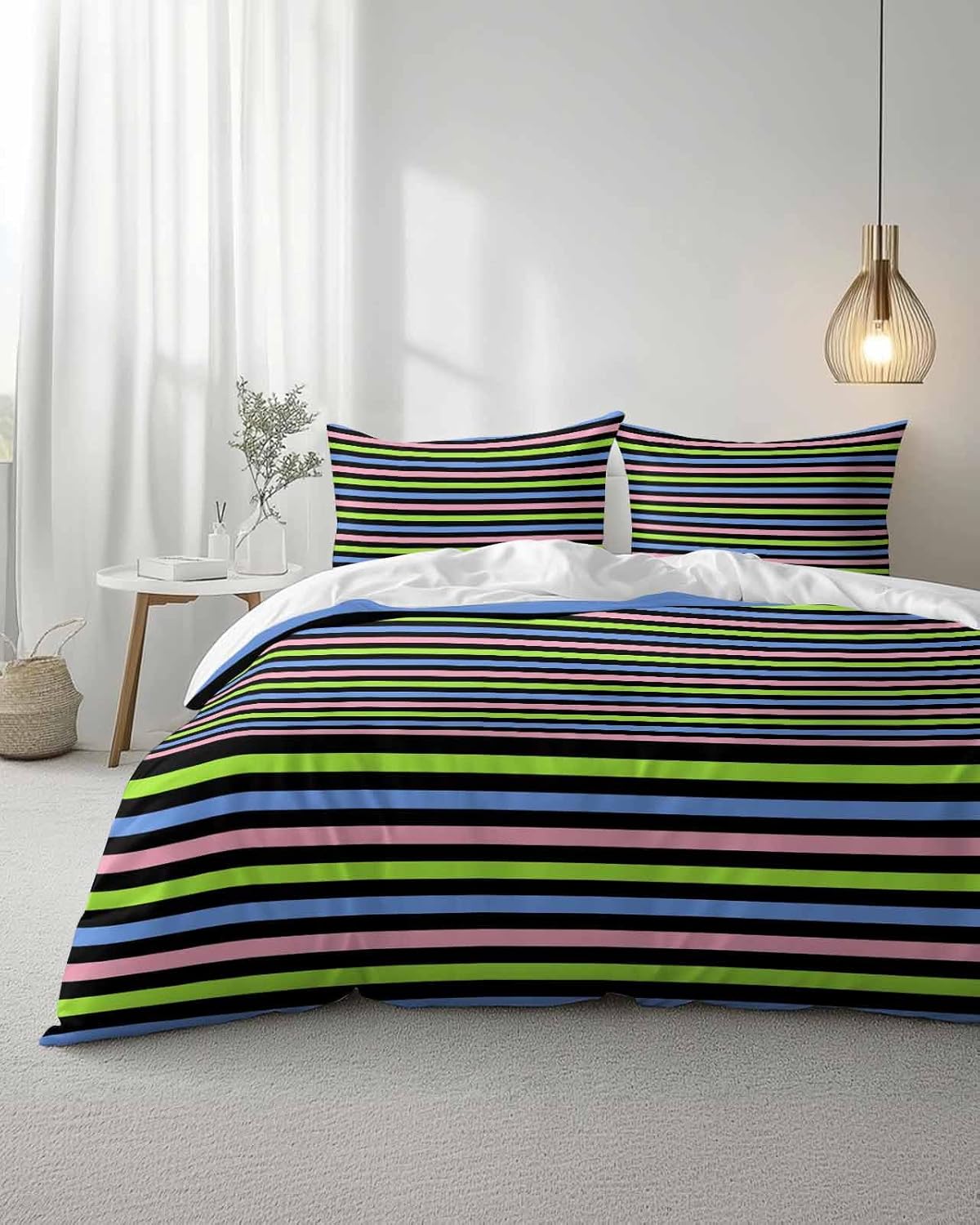 ZOE GARDEN Pink Blue Stripe Duvet Cover Set 3 Piece