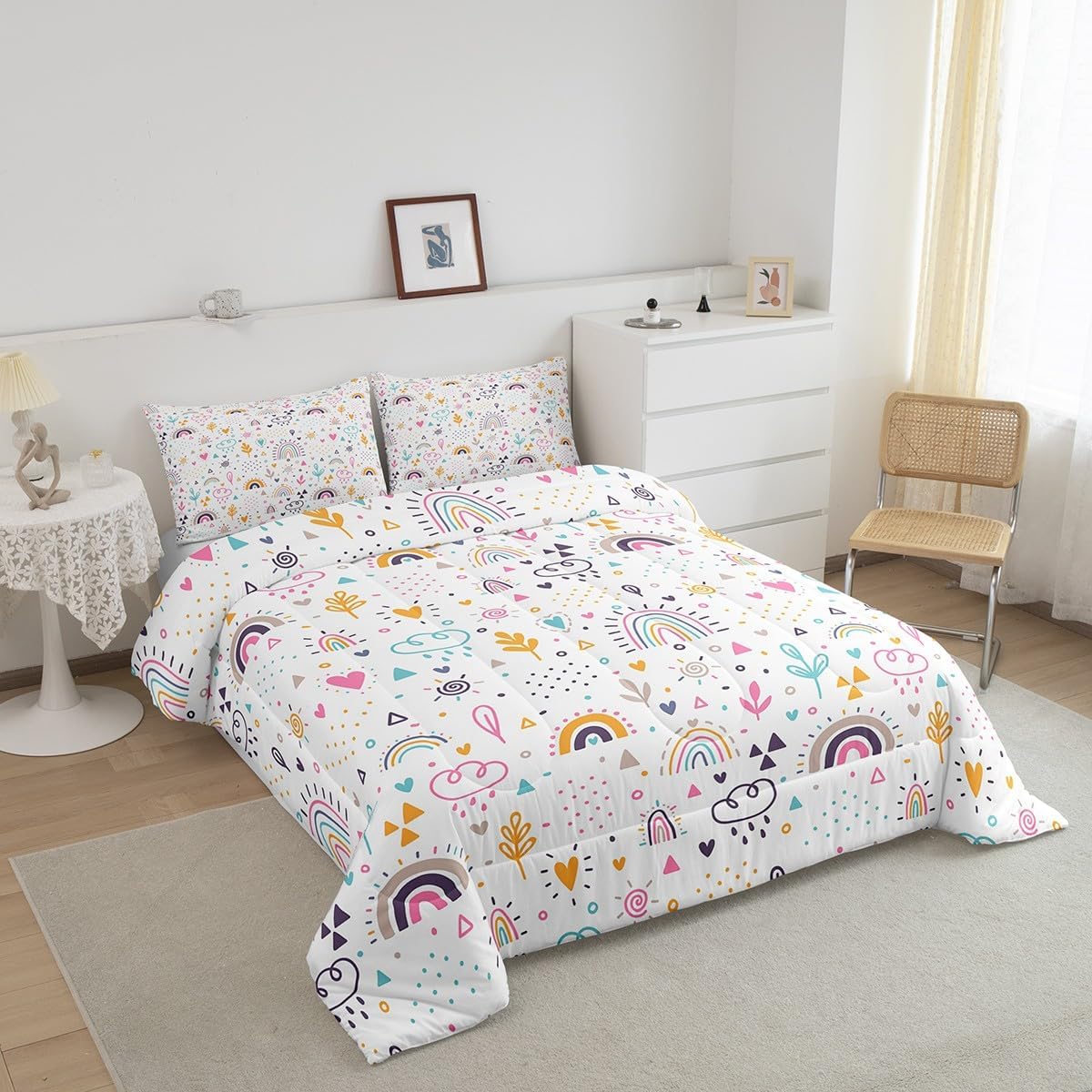 Homewish Rainbow Comforter Set 3Pcs Kids Girls Floral Bedding