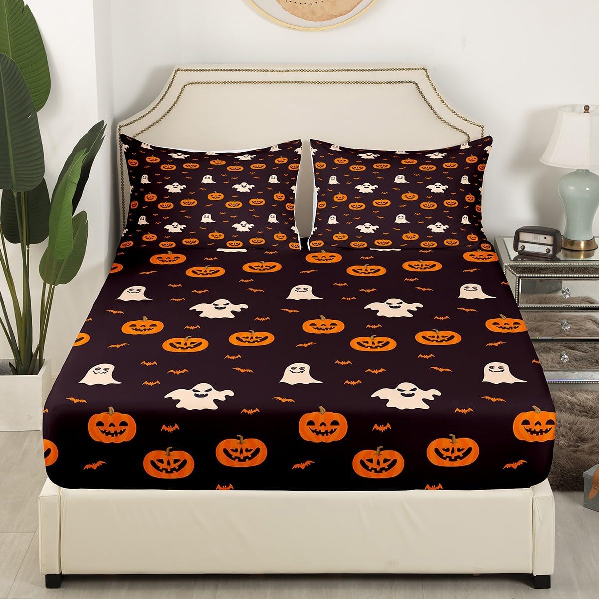 Jejeloiu King Size Pumpkin Lantern Kids Halloween Sheet Set