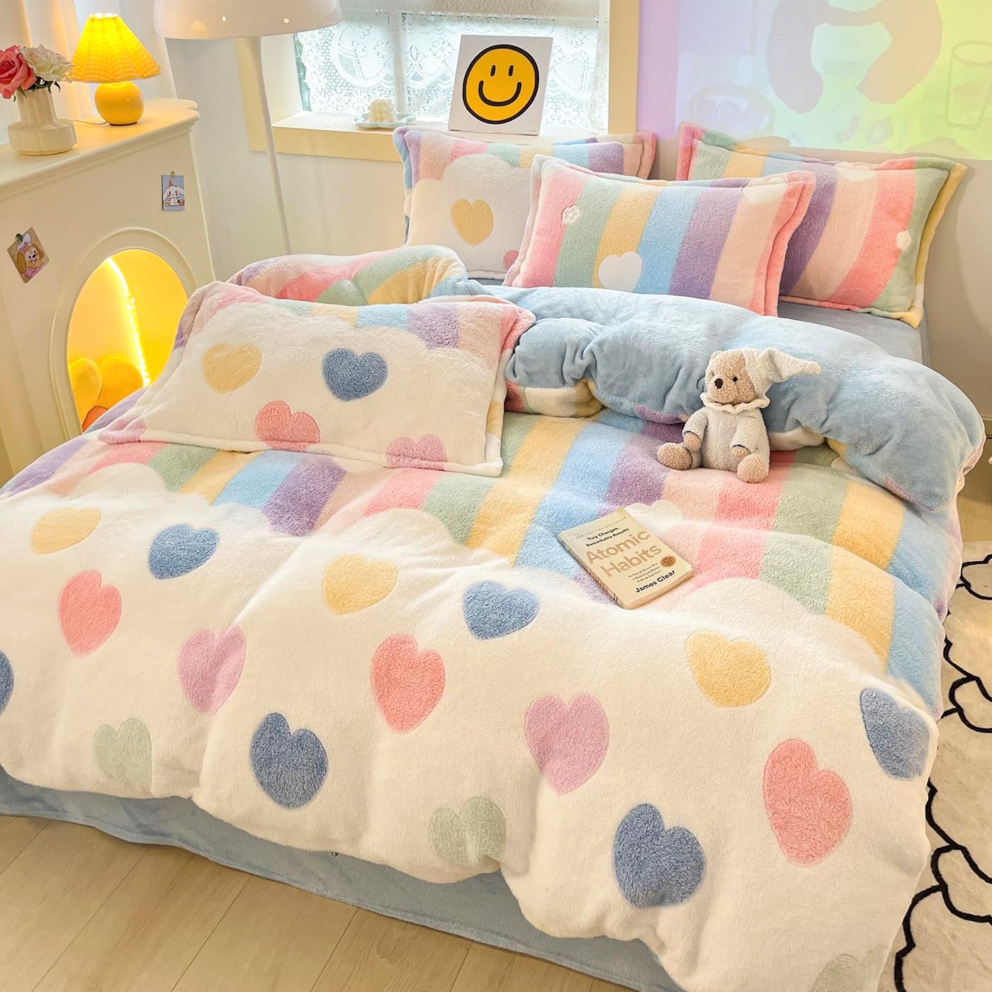Kawaii Rainbow Heart Duvet Cover Set for Kids