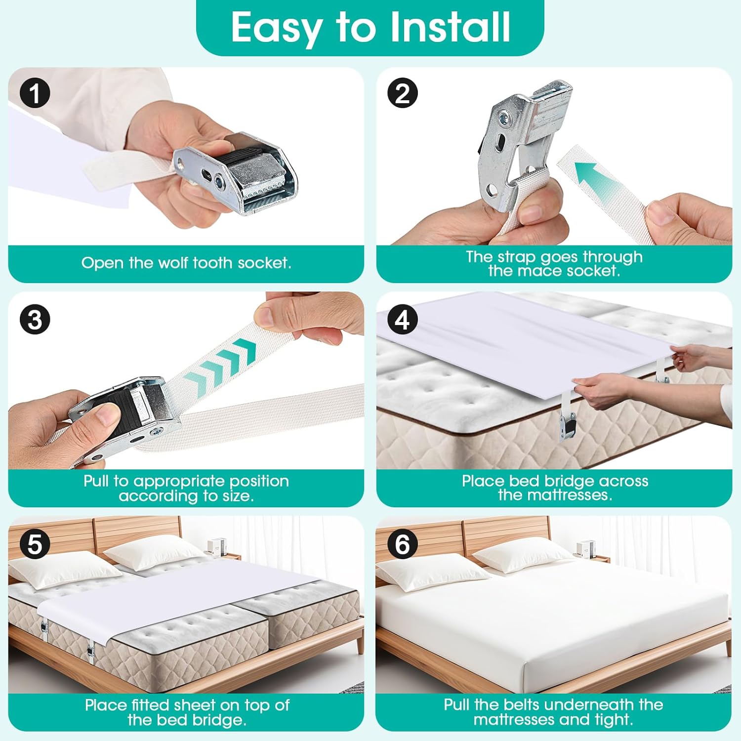 Twin to King Bed Bridge Converter with Metal Buckles and Straps - White