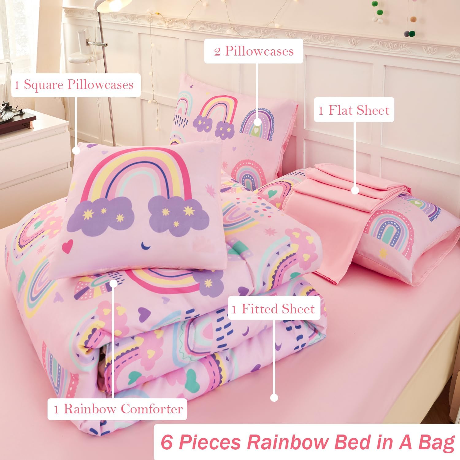 ANGIYUIN 6-Piece Rainbow Kids Comforter Set