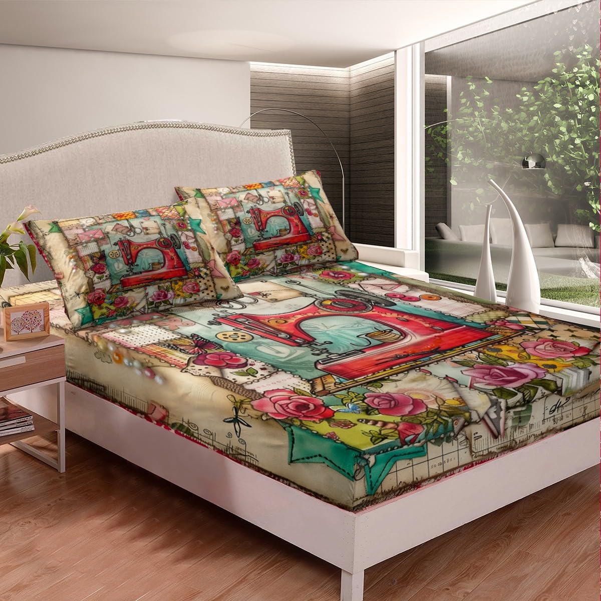 Manfei Red Retro Sewing Machine Bedding Set Twin Size 1