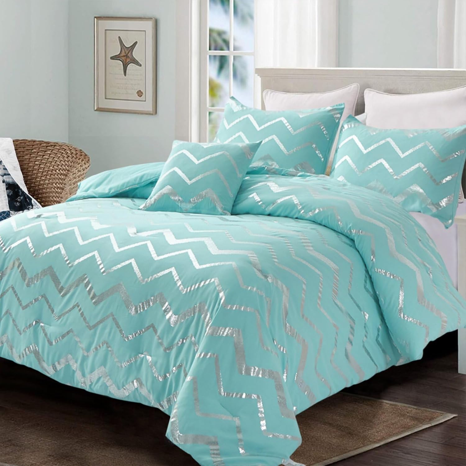 Menghomeus Aqua Comforter Set King Metallic Teal and Silver 1