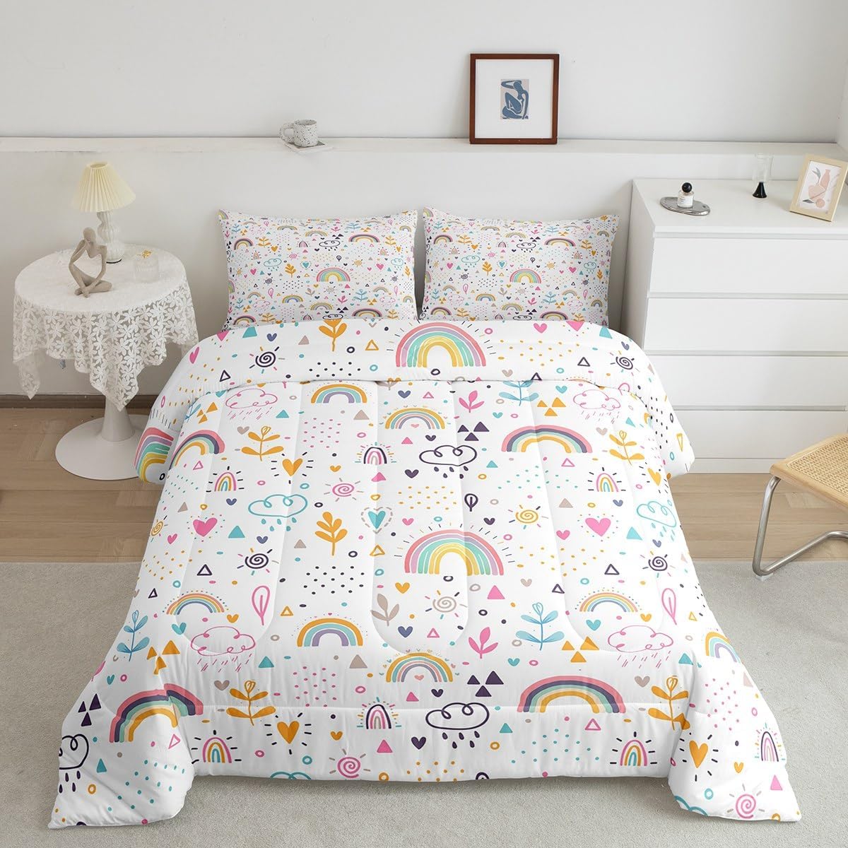 Homewish Rainbow Comforter Set 3Pcs Kids Girls Floral Bedding