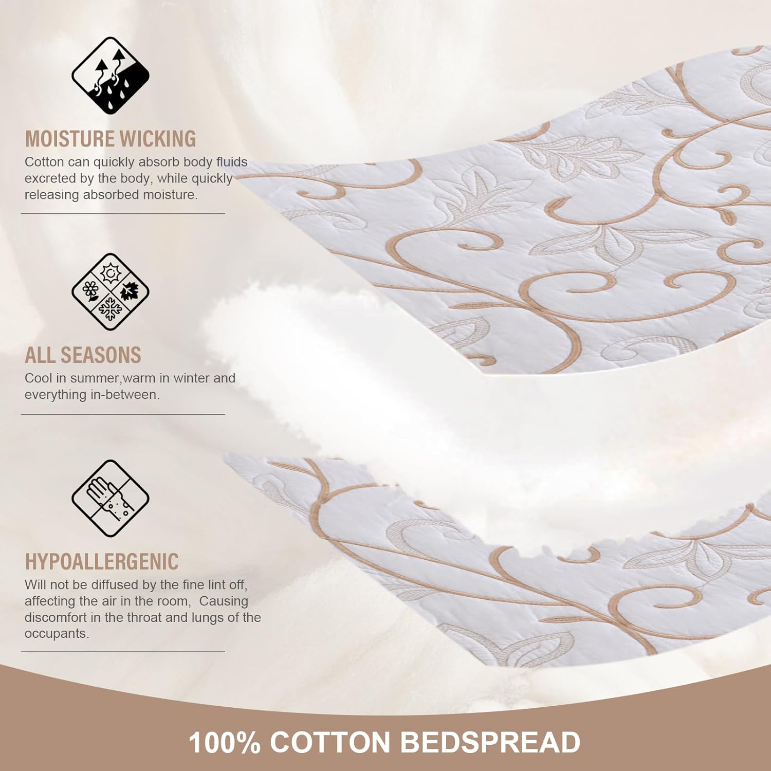 100 Cotton Bedspread Quilt Coverlet Set 128x120 Cal King with Pillow Shams
