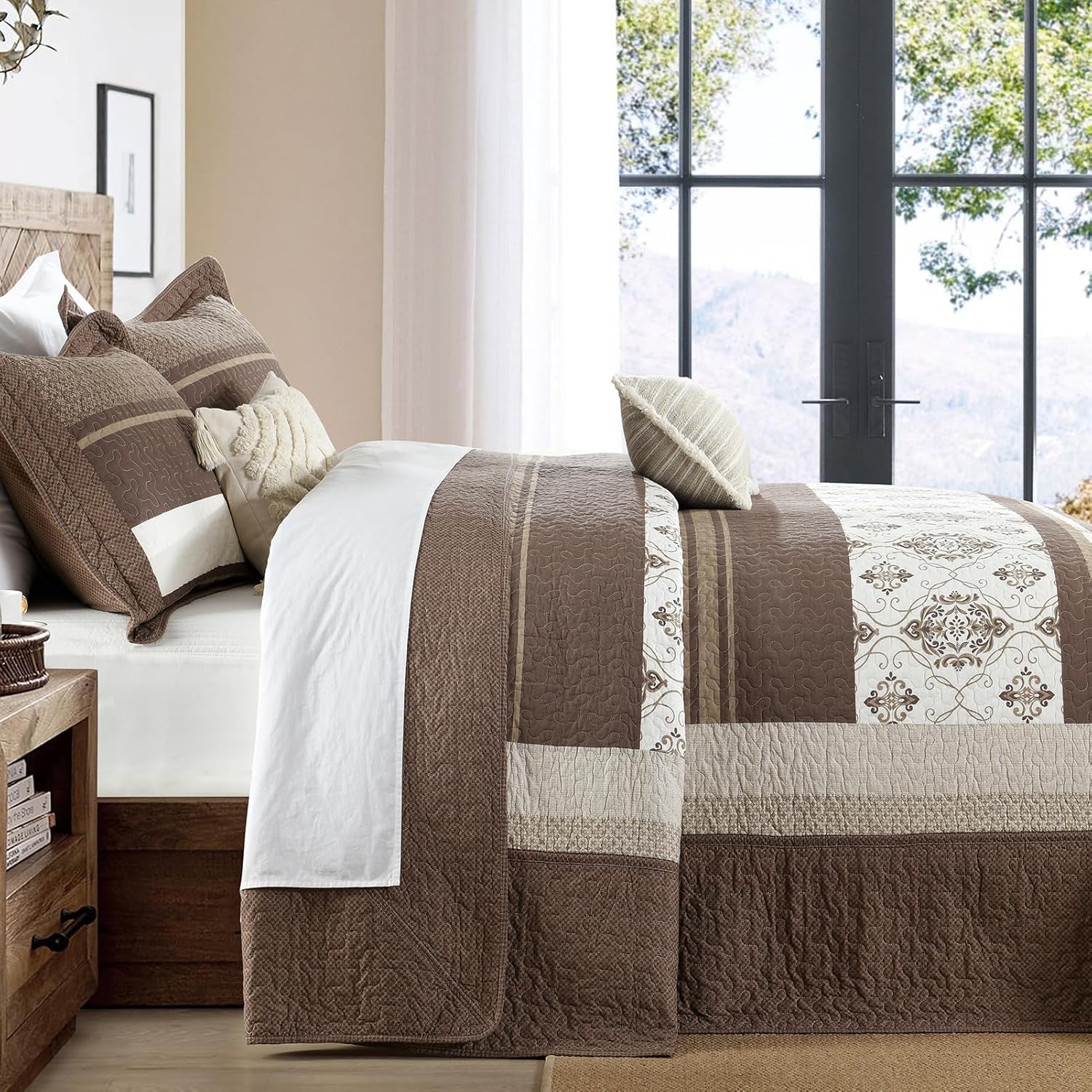 SahSahCasa Queen Bedspread Set 120x102 3pc Beige Dark Brown