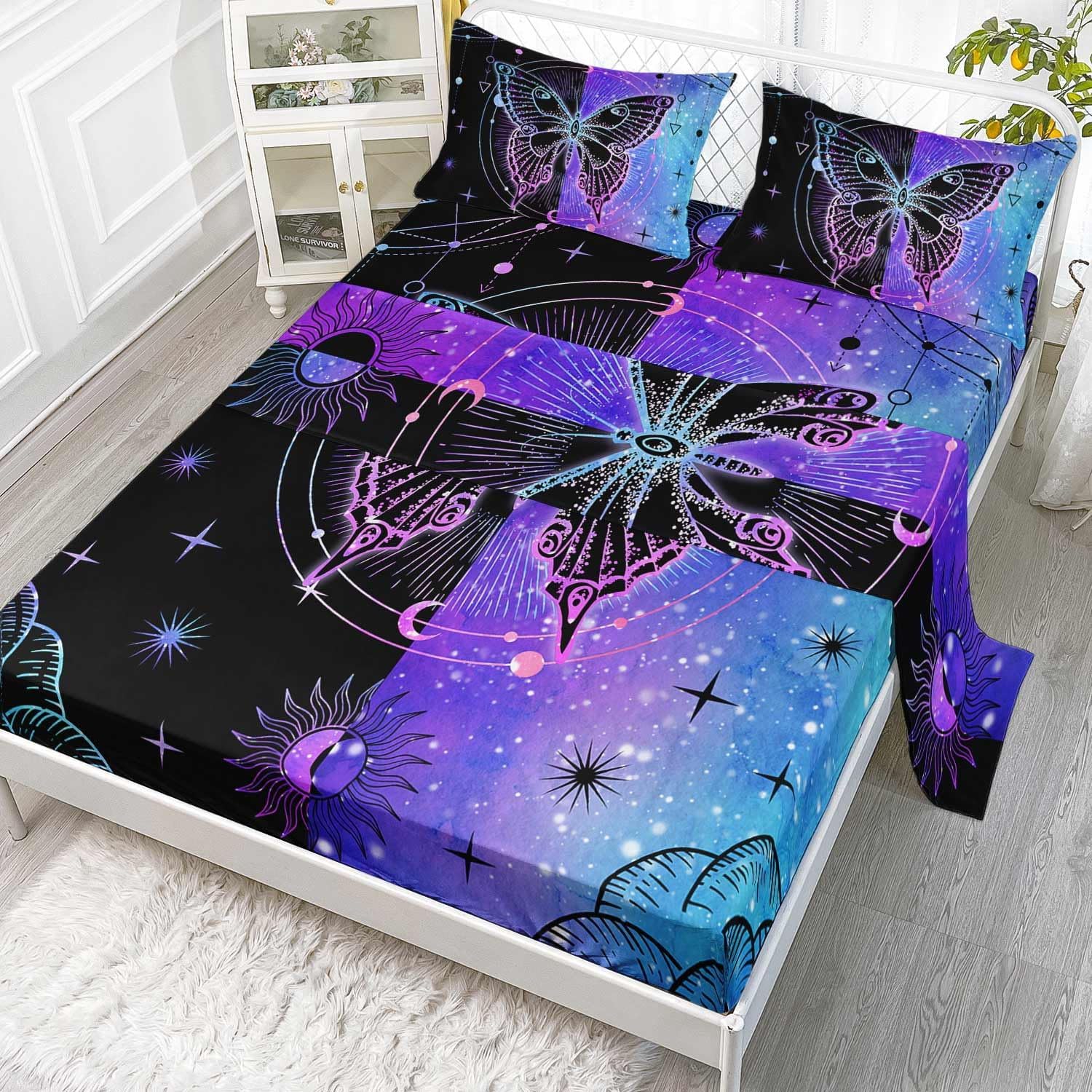 Black Blue Butterfly Sheets Set 4Pcs Kids