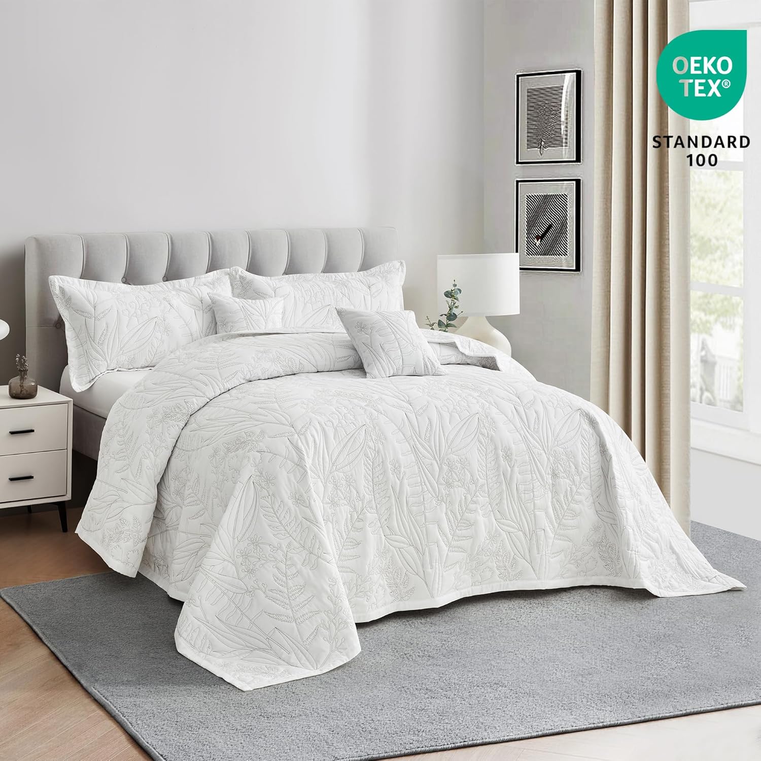 HZ HY Leaves Pattern Queen Bedspread Set Reversible Lightweight 5 Piece White