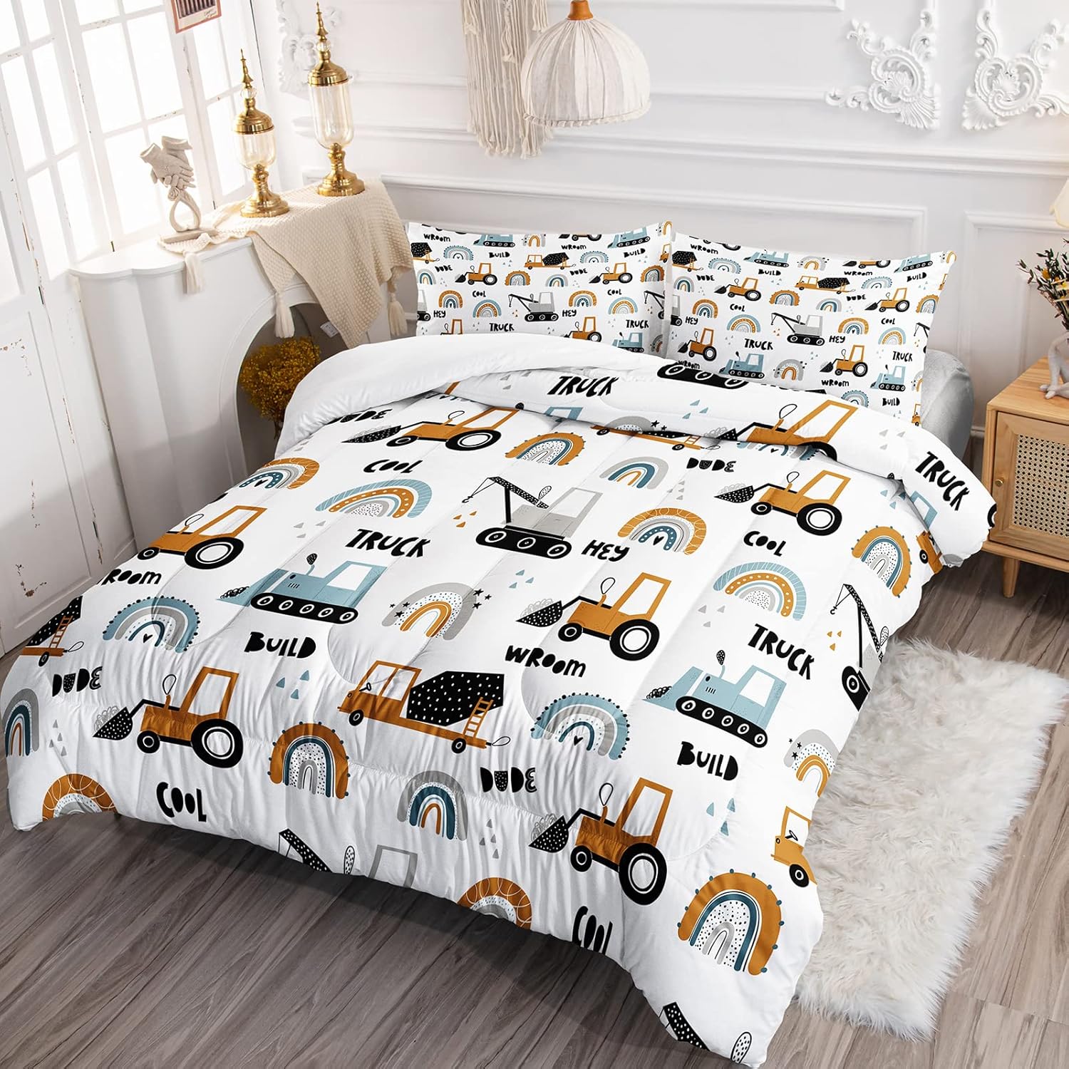 BailiPromise Cartoon Car Boys Comforter Set Queen Size 3Pcs