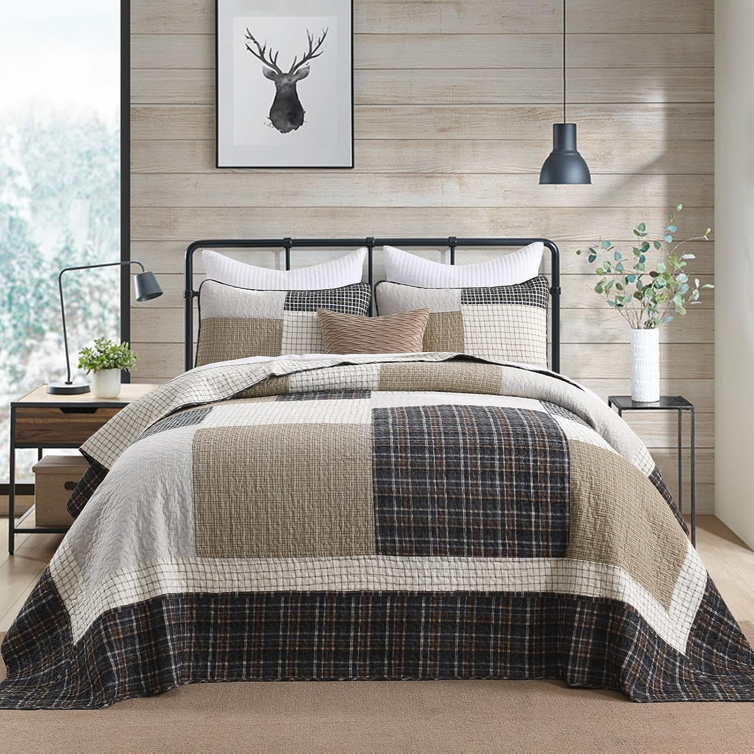 Bedduvit 100 Cotton California King Bedspread Set - 3pcs Farmhouse Patchwork Plaid