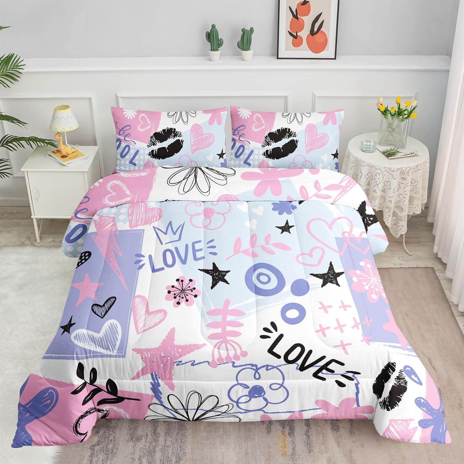 Kids Comforter Set with Cute Doodles Printed Pattern