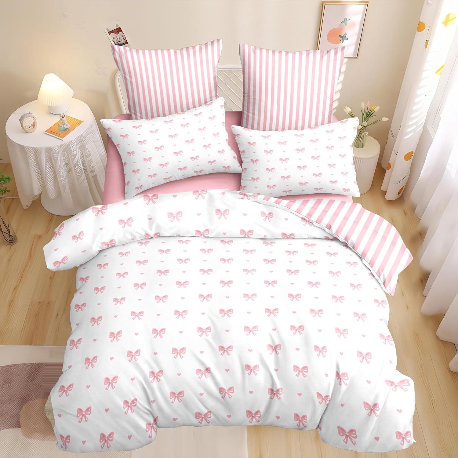 Sedefen Bow Comforter Set Queen Size Pink Striped