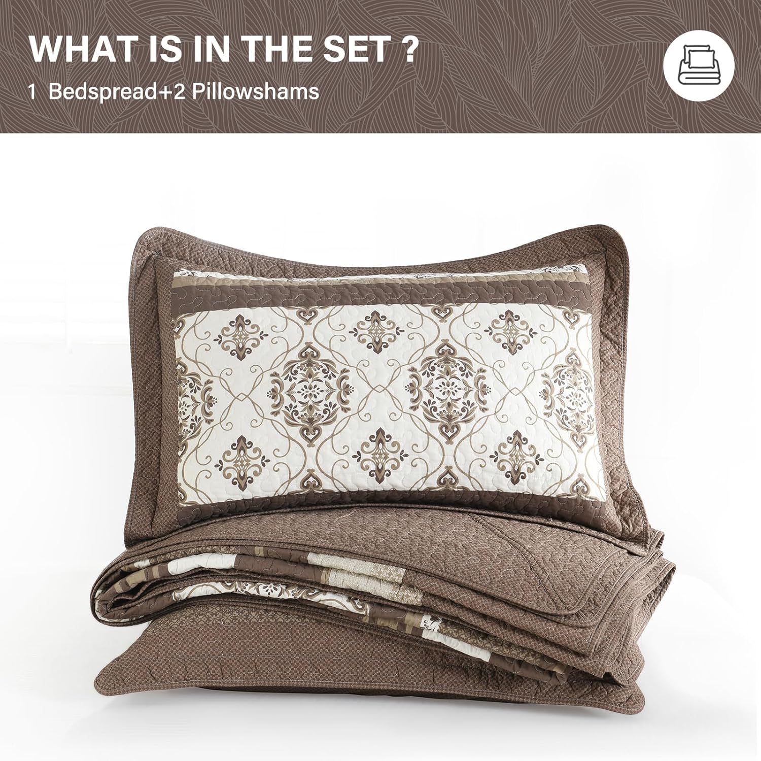 SahSahCasa Queen Bedspread Set 120x102 3pc Beige Dark Brown