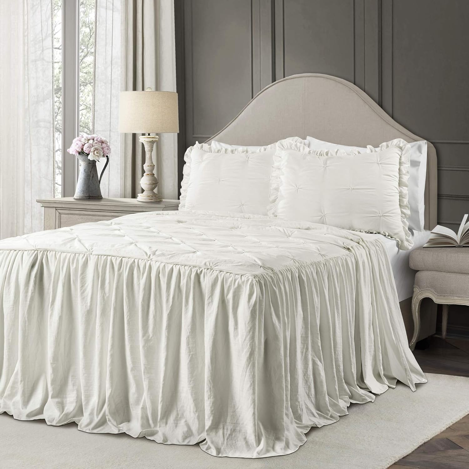 Lush Decor Ravello Pintuck Ruffle Skirt Bedspread Set King White