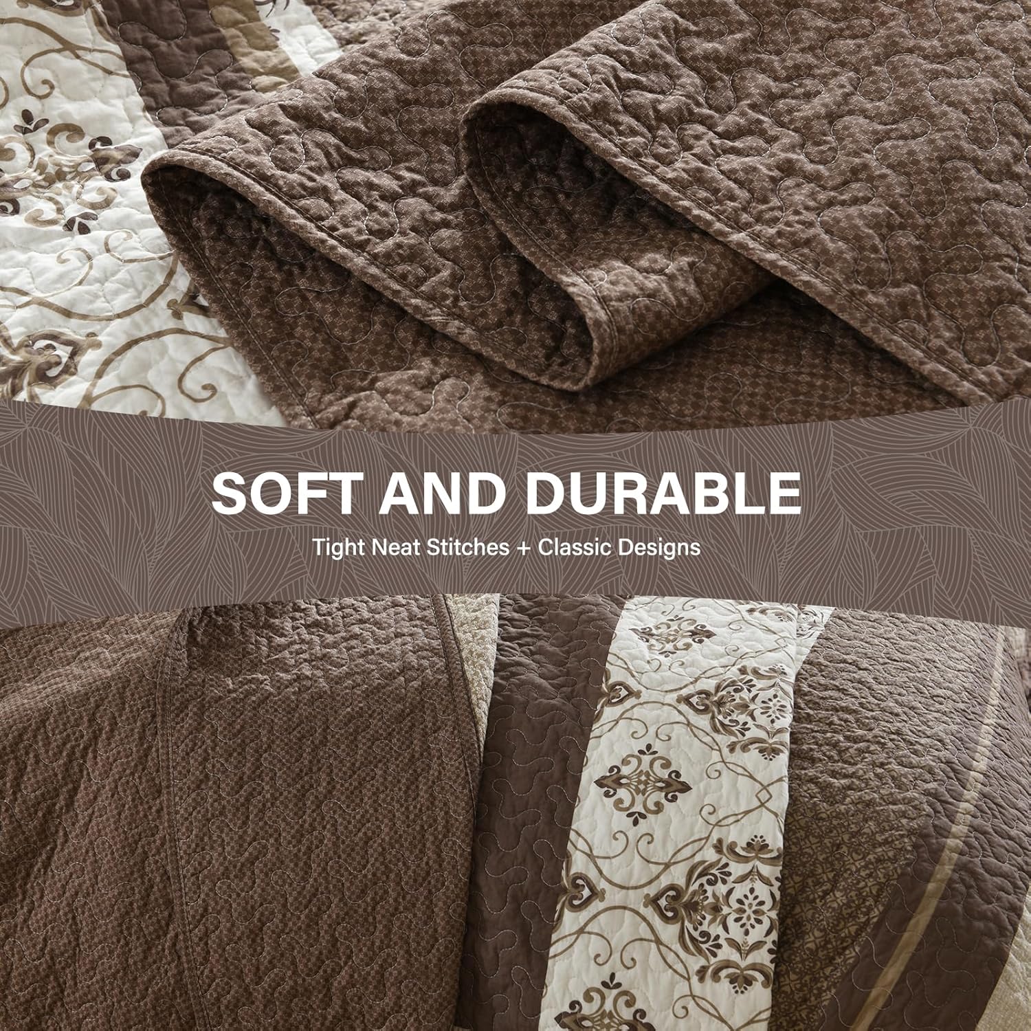SahSahCasa Queen Bedspread Set 120x102 3pc Beige Dark Brown