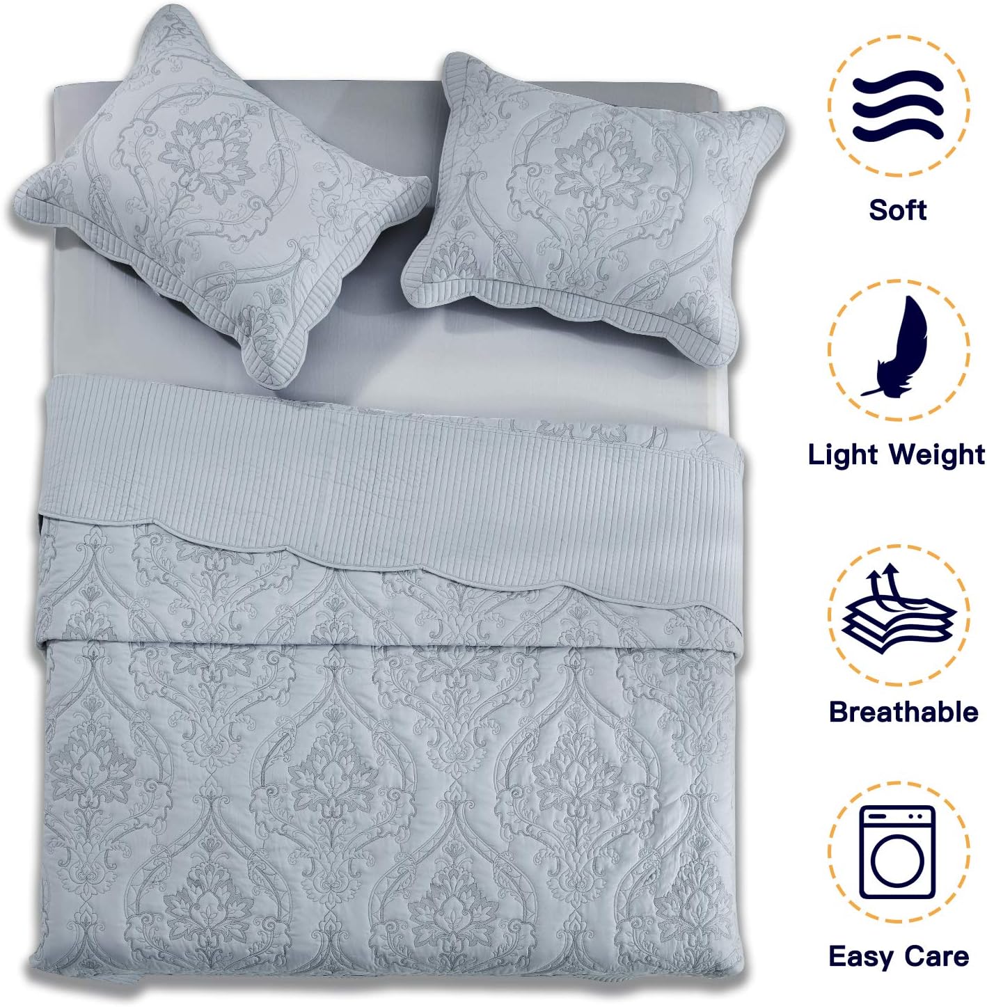 CHIXIN Oversized Bedspread Set - King Size Light Grey Damask Paisley Pattern
