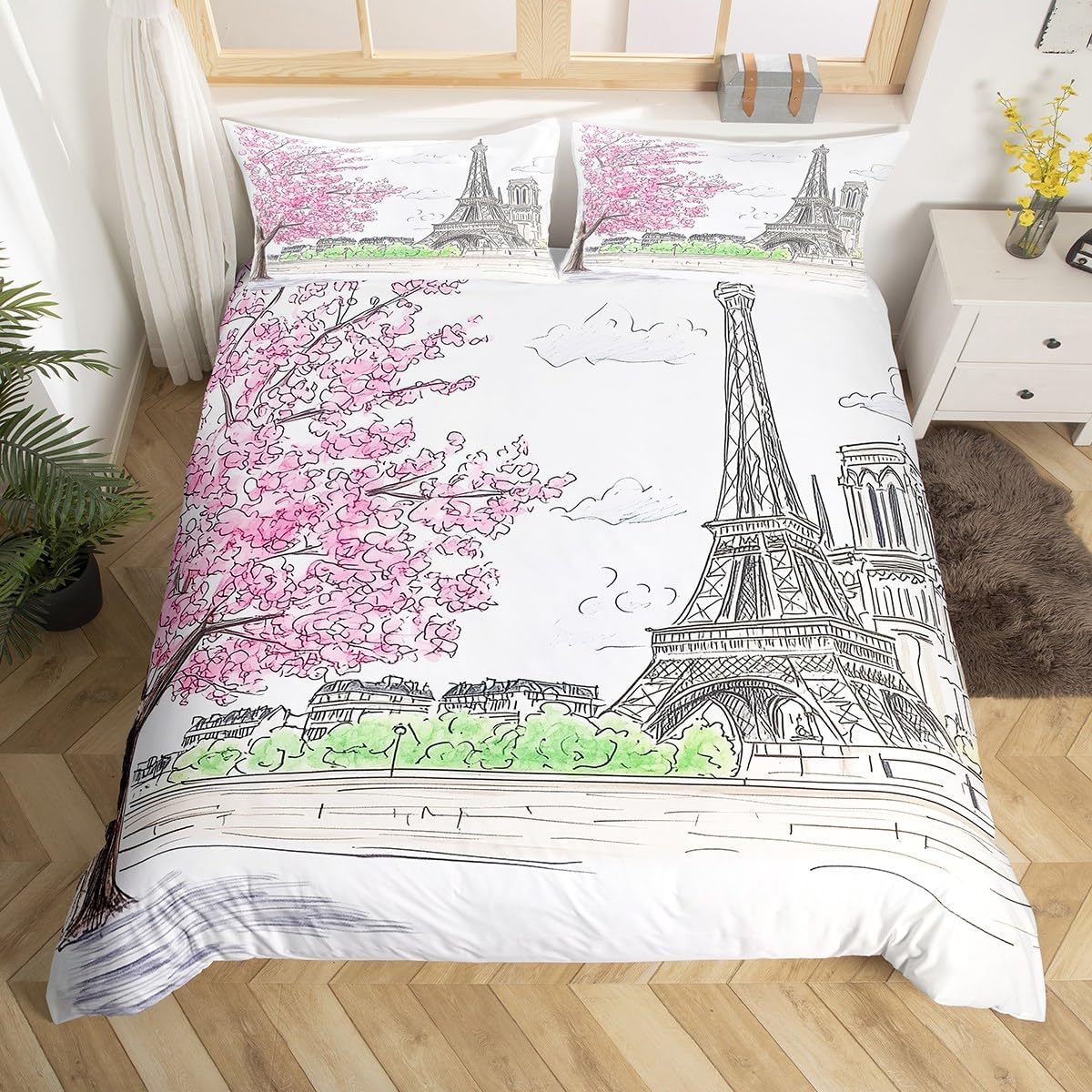 jejeloiu Paris Themed Duvet Cover Set