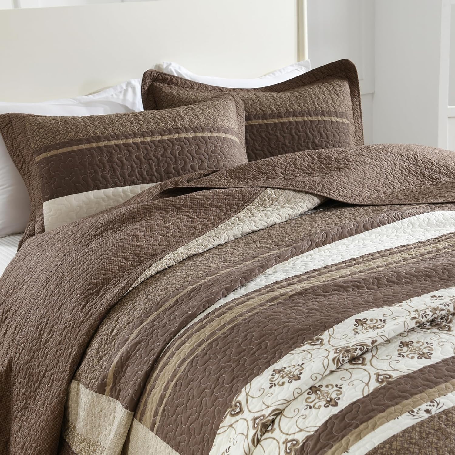 SahSahCasa Queen Bedspread Set 120x102 3pc Beige Dark Brown