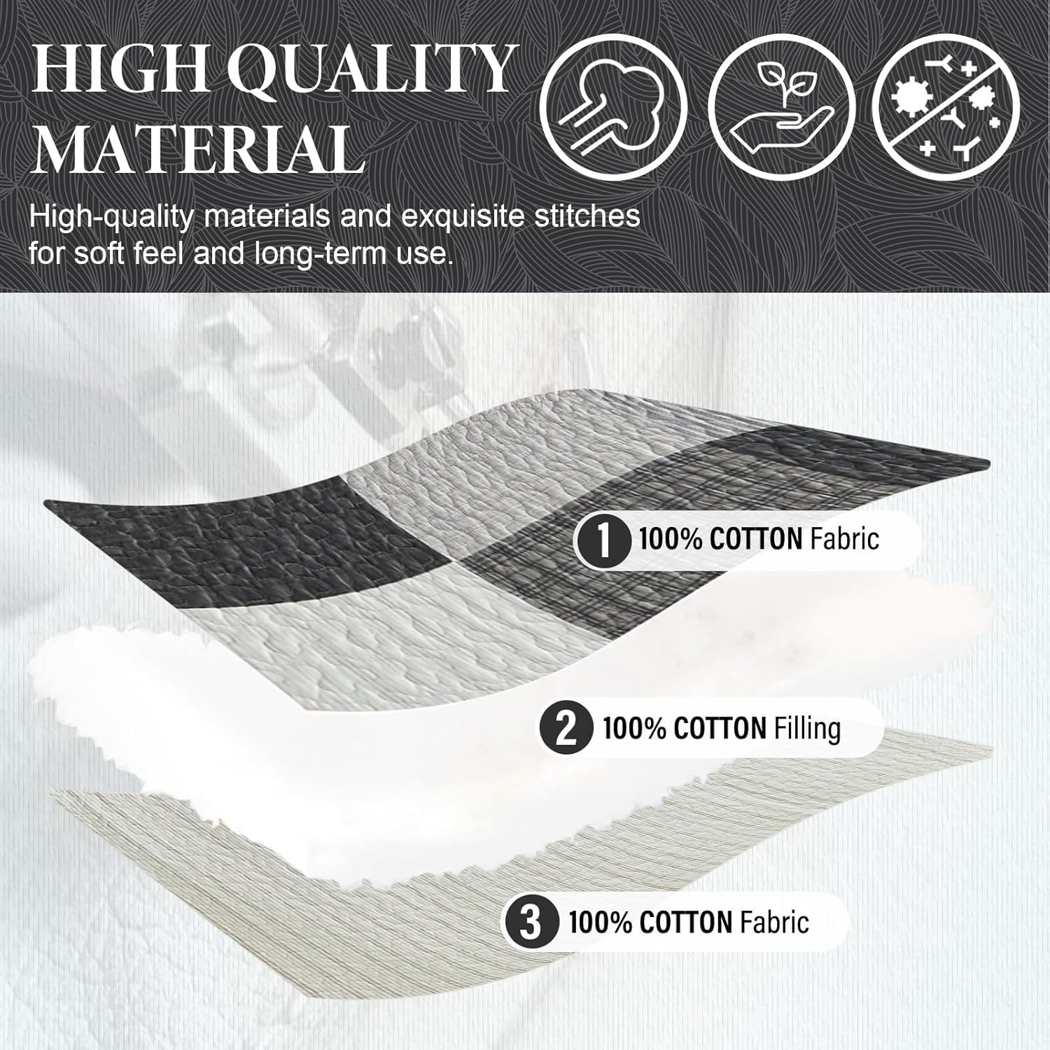 SahSahCasa 120x102 100 Cotton Oversized Queen Quilt Bedspread Set Gray 1