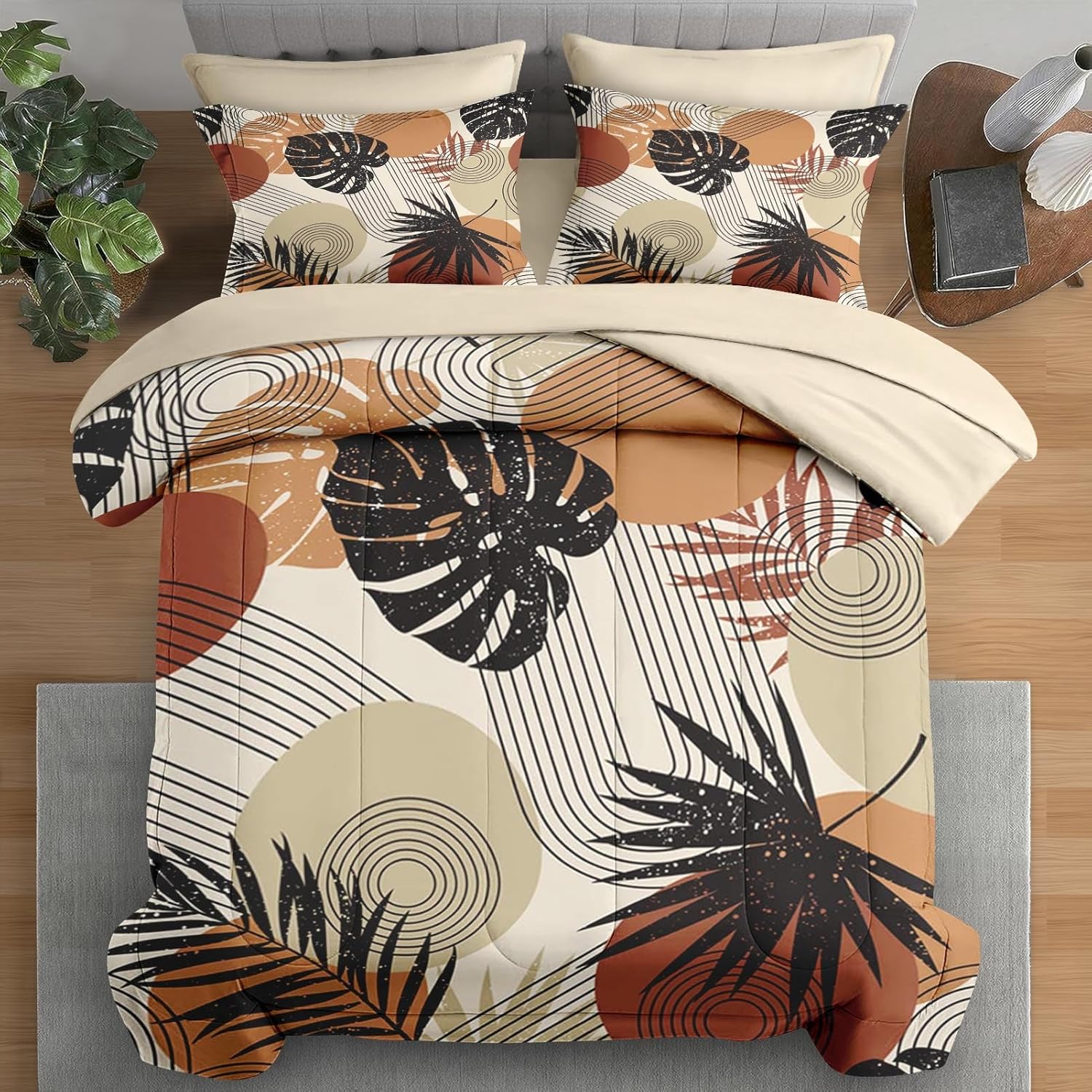 Pamnest Boho Tropical Leaves Comforter Set King Size 7 Pcs