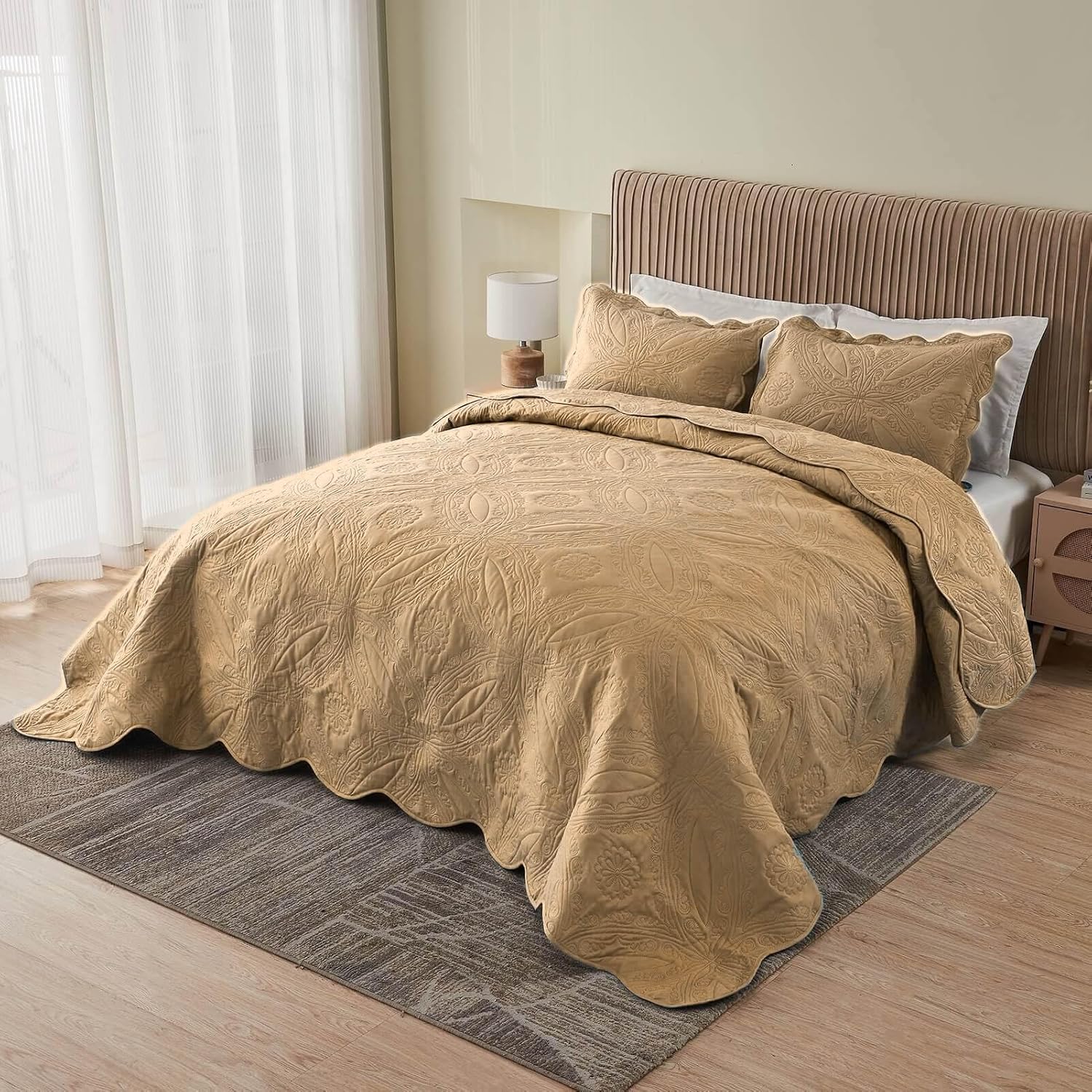 Kingnex Oversized King Bedspread Set 3 Piece Khaki 1