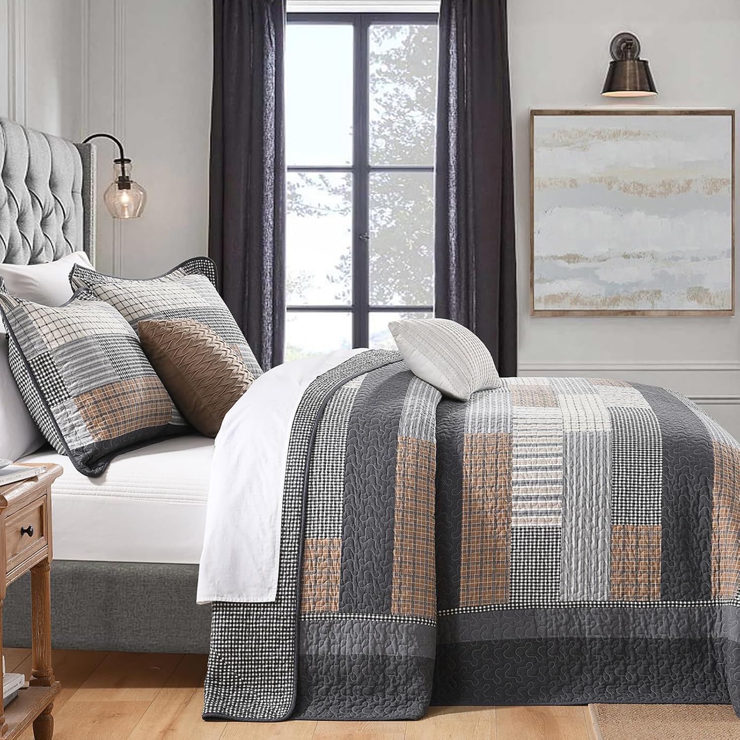 FineStichery 128x120 Gray Plaid King Bedspread Set
