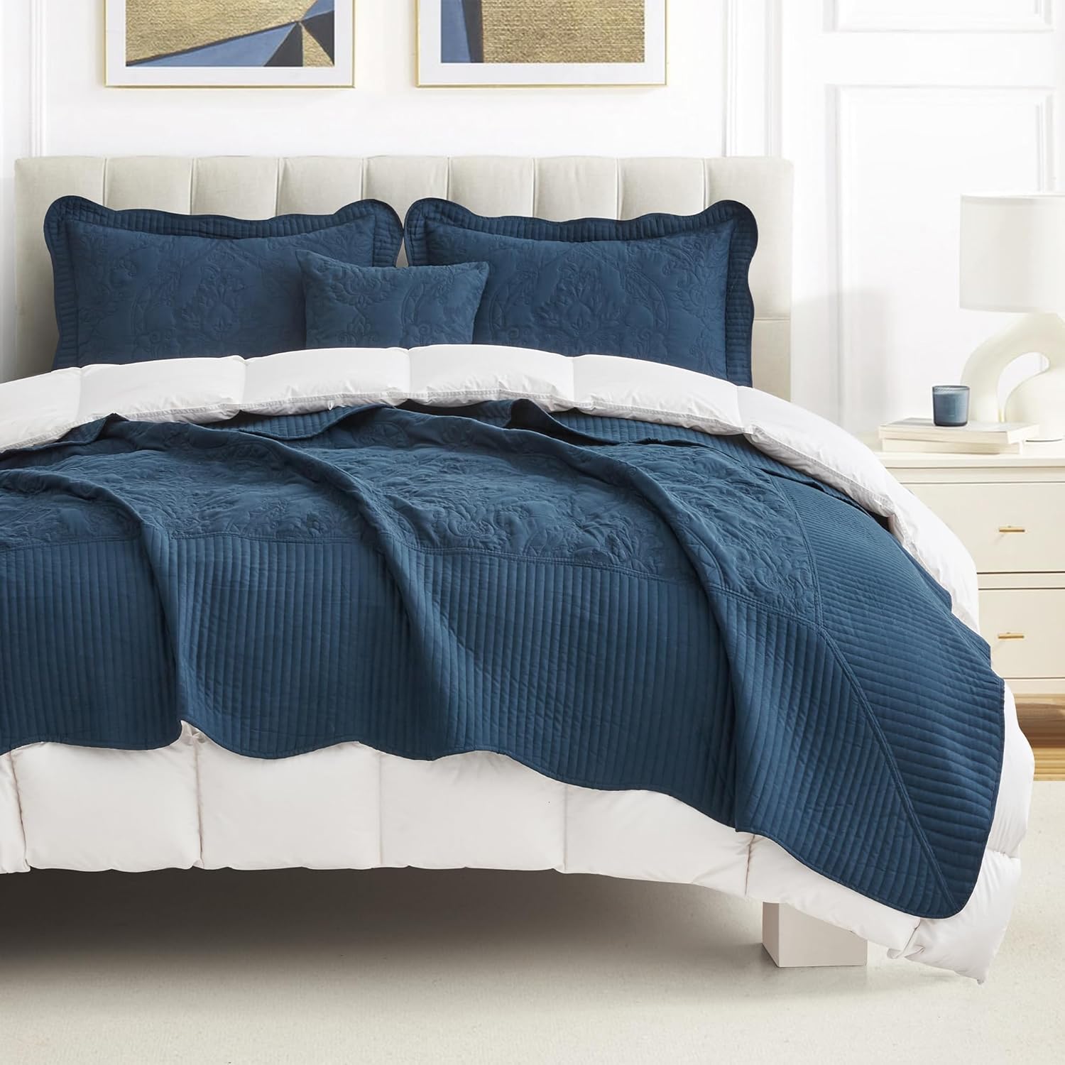 CHIXIN Oversized King Bedspread Set - Navy Damask Paisley Pattern