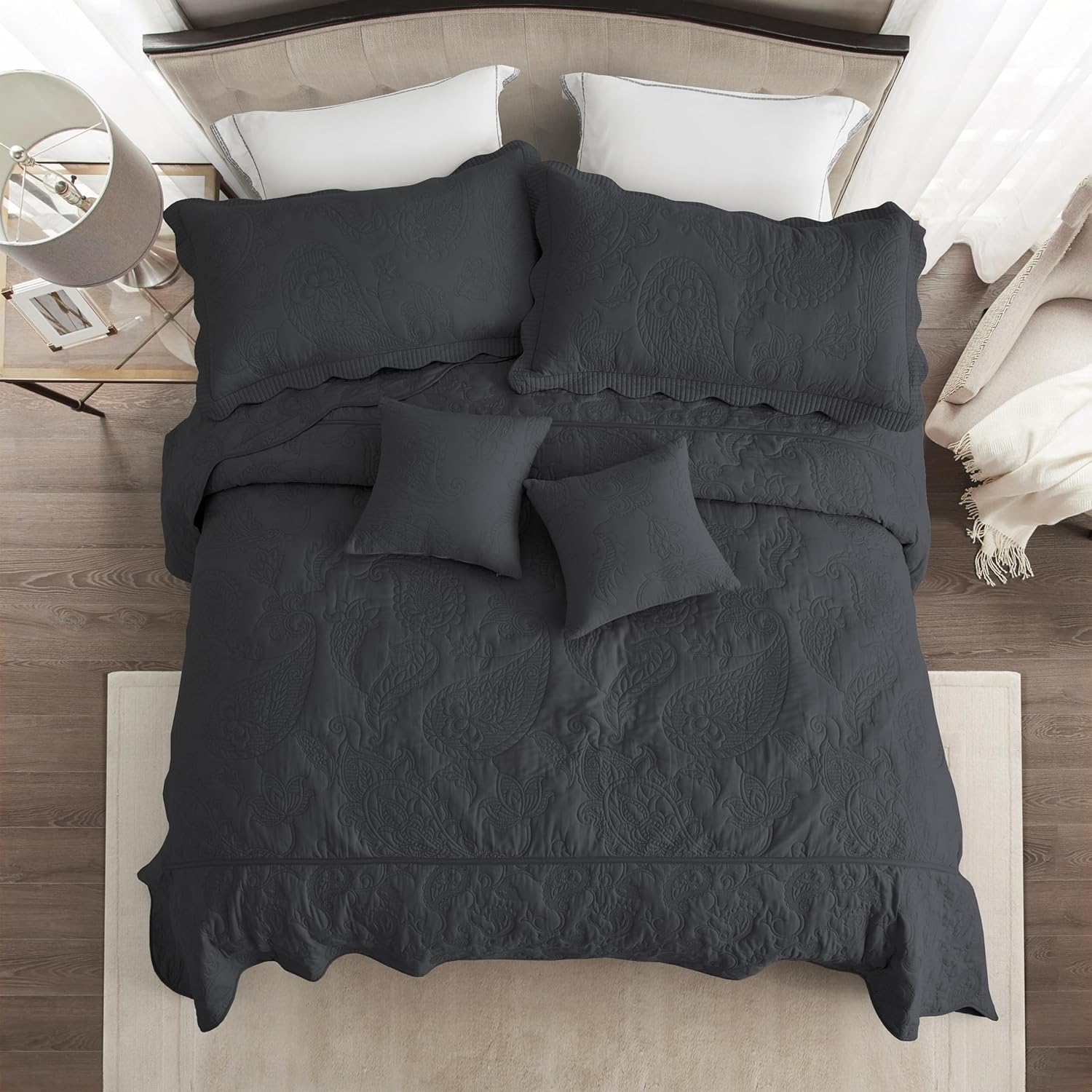 HZ HY Oversized King Bedspread Set 128x120 Reversible Dark Grey