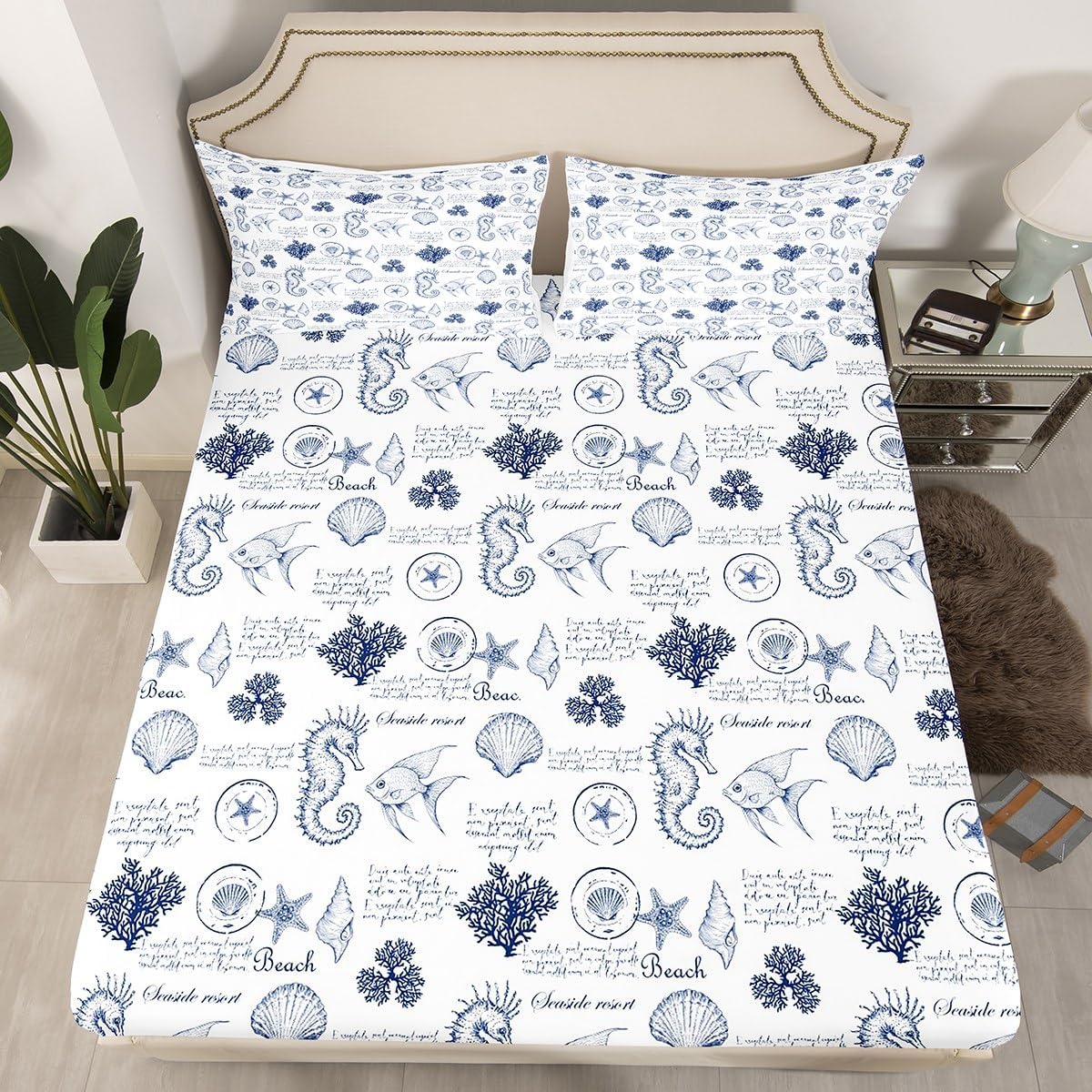 Coastal King Size Sheet Set with Seashell Print