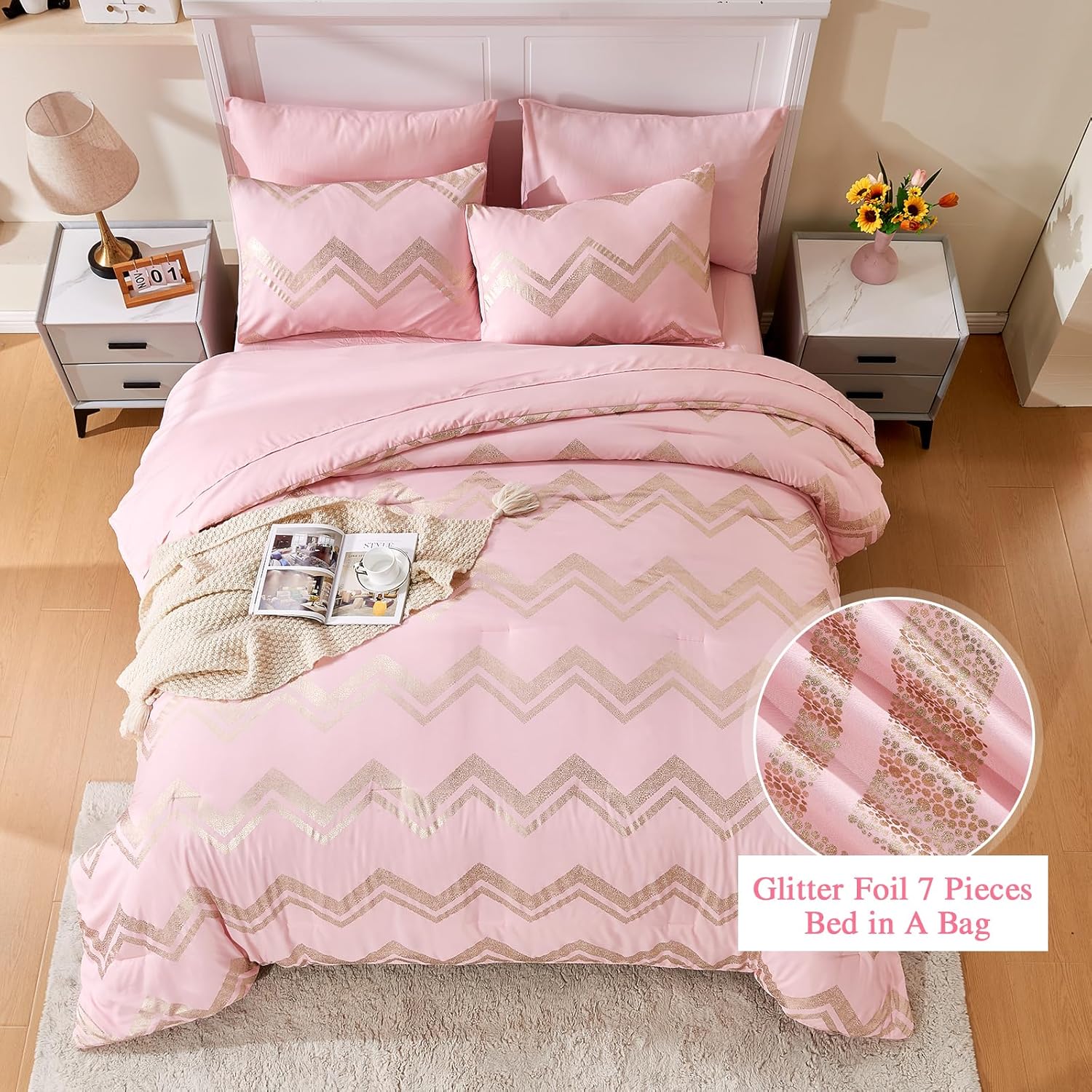 Wowelife 5-Piece Pink TwinTwin XL Comforter Set