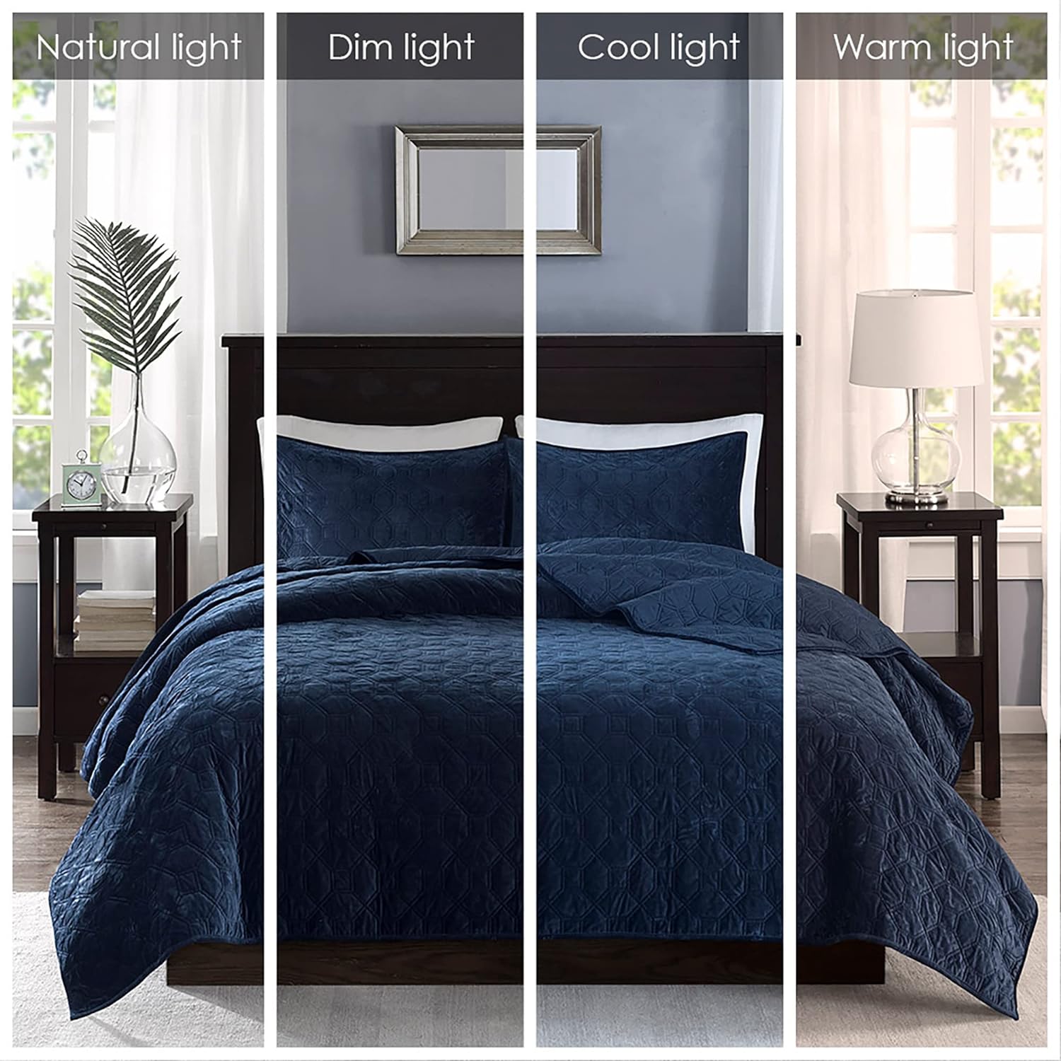 Madison Park Velvet Geometric Quilt Set Navy 3 Piece