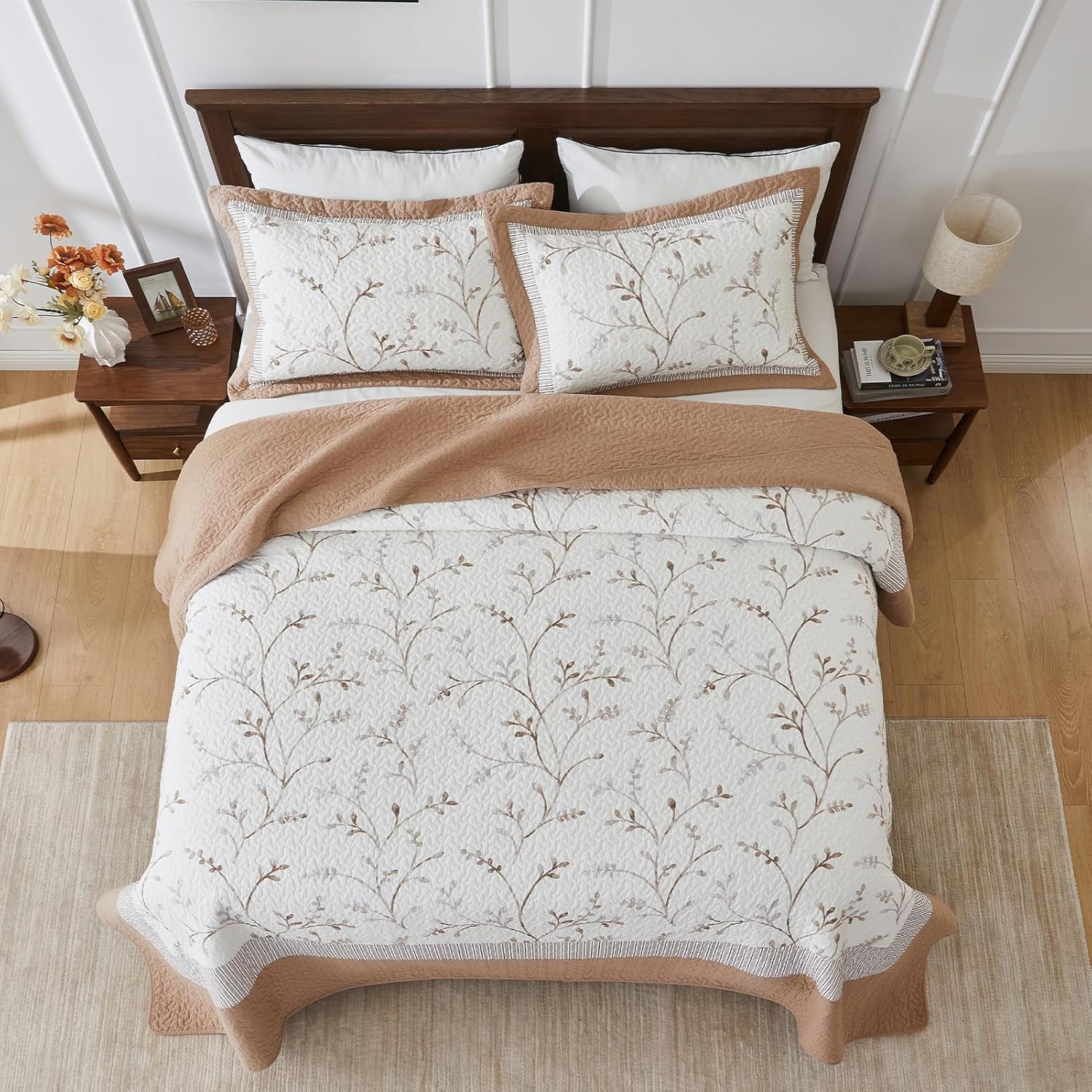 Oversized Cotton Bedspread Set Reversible Botanical Pattern