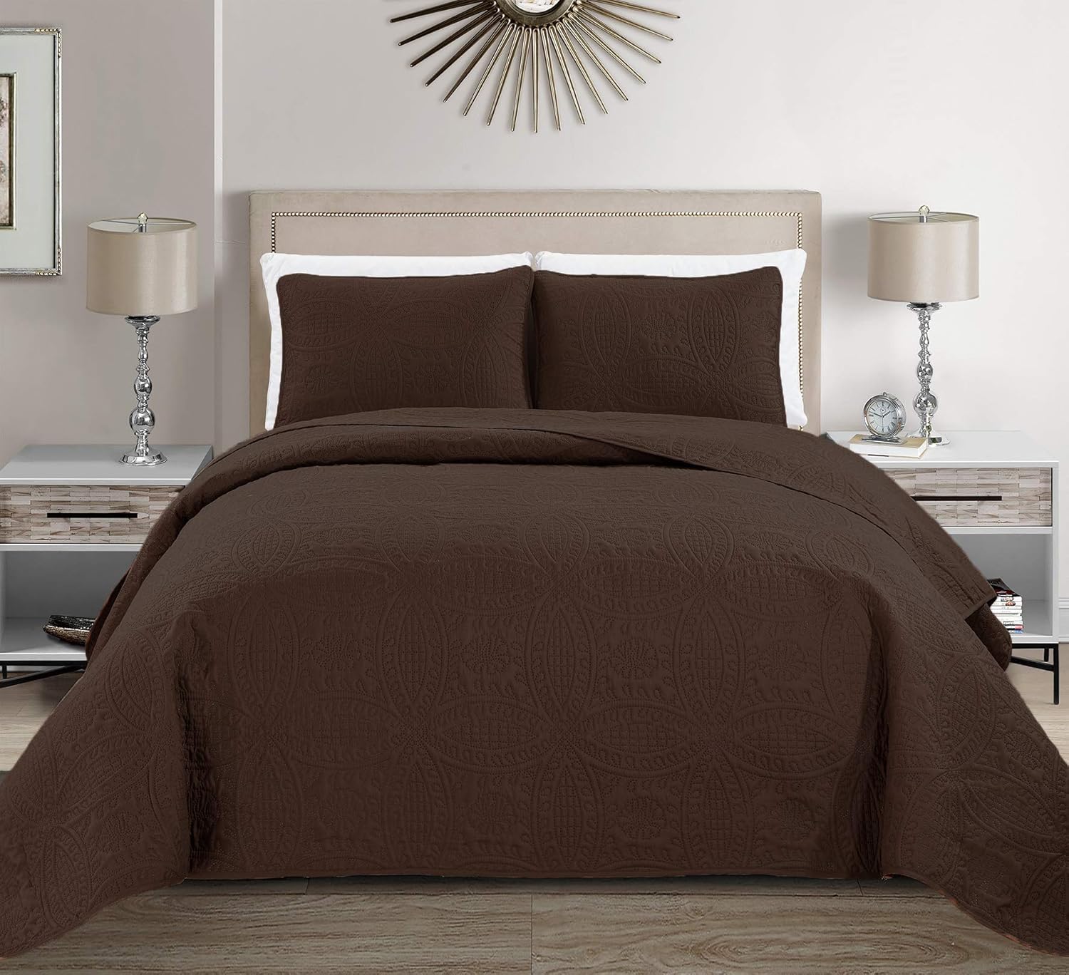Fancy Linen Embossed Coverlet Set 3pc Coffee Brown