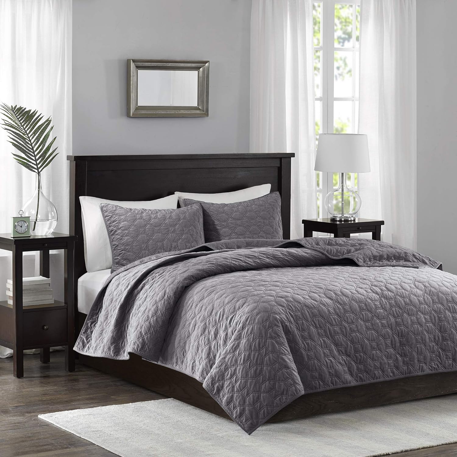 Madison Park Velvet Coverlet Set 3 Piece Grey