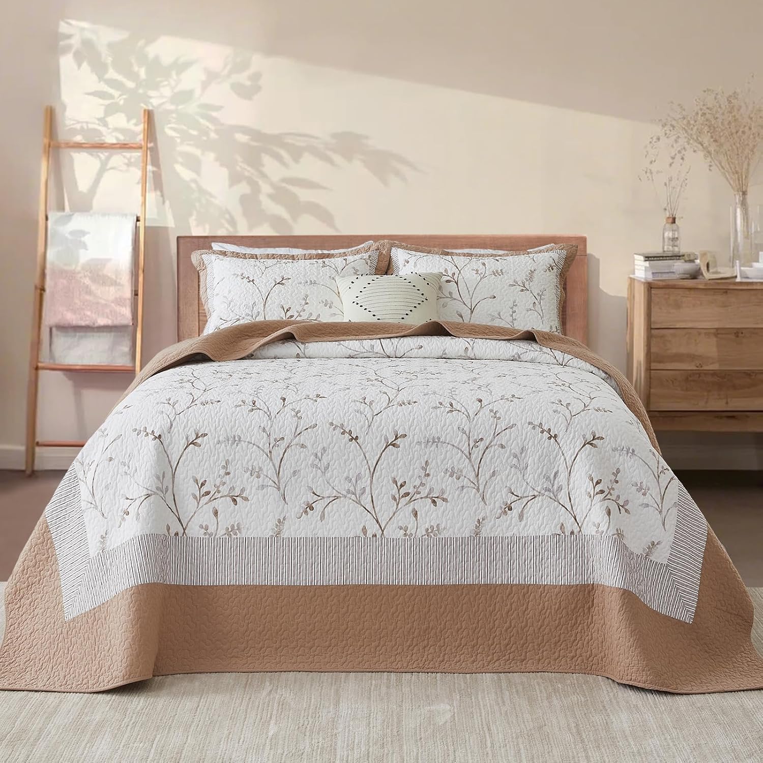 Oversized Cotton Bedspread Set Reversible Botanical Pattern